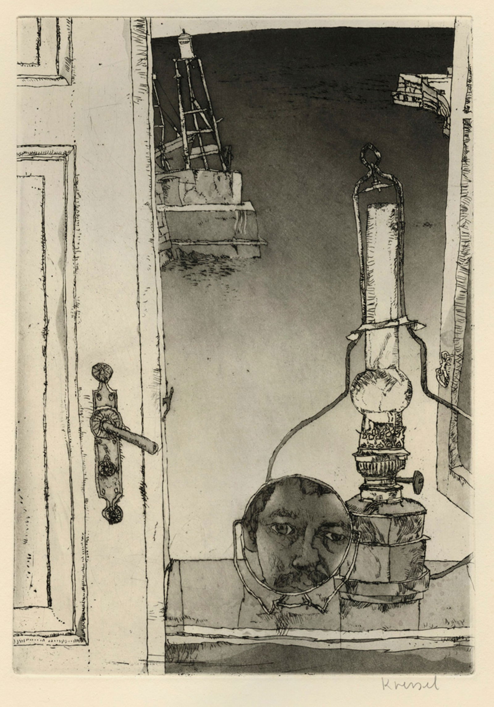 Dieter KRESSEL: "View in the Mirror": Dieter KRESSEL (German, 1925-2015): "View in the Mirror" or "View from a Window with Self-Portrait" / "Blick in den Spiegel" or "Fensterblick mit Selbstportrait". Etching on wove paper, 1968. Publishe