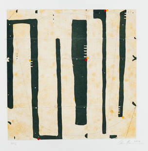 Caio FONSECA: "Three String Etching Ligos".: Caio FONSECA (American, born 1959): "Three String Etching Ligos". Color aquatint, spitbite and sugarlift aquatints, softground etching with chine colle, string, and handstamping, 2006. Signed, dated