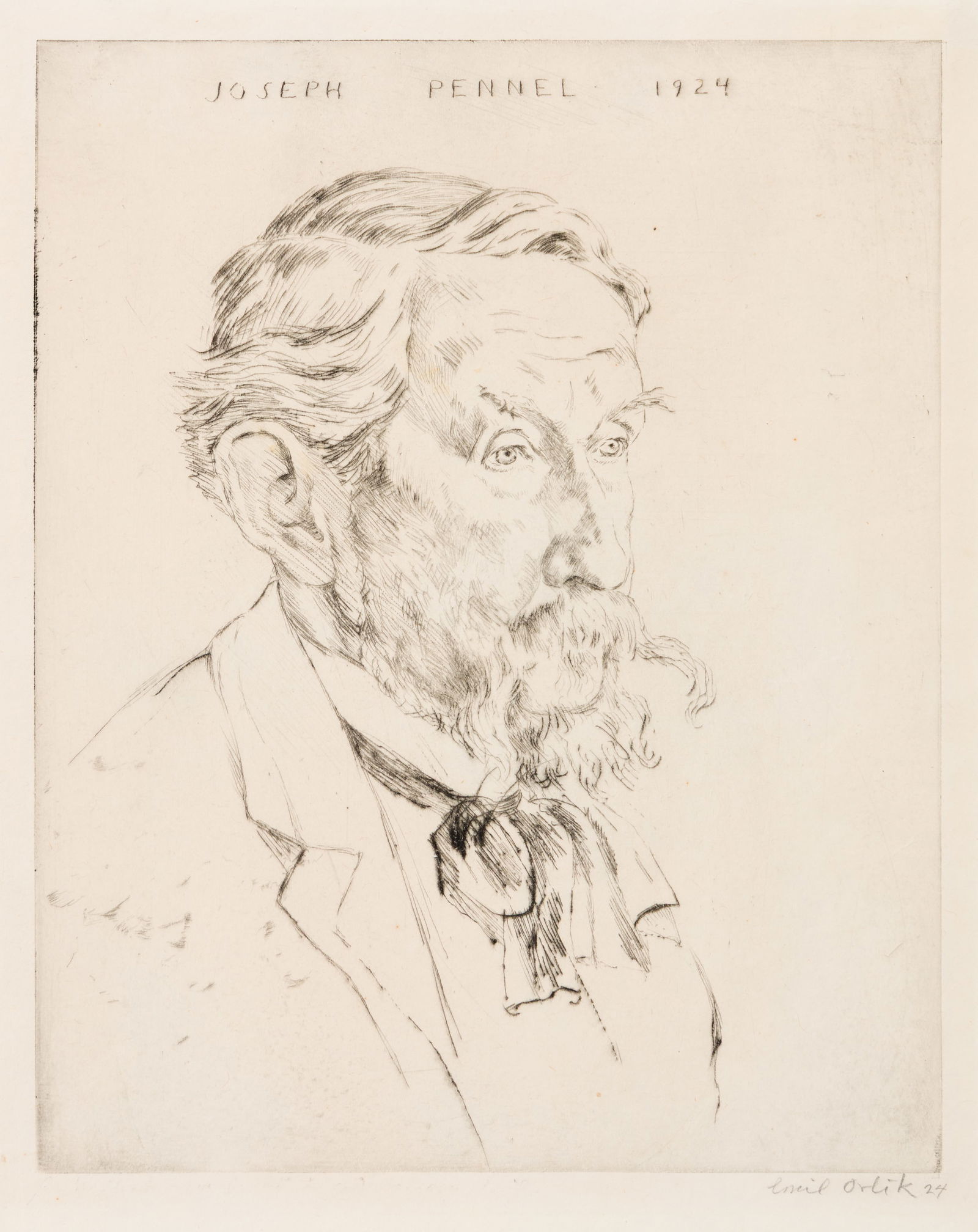 Emil ORLIK: "Portrait of Joseph Pennell".: Emil ORLIK (Austro-Hungarian, 1870-1932): "Portrait of Joseph Pennell". Etching and drypoint on wove paper, 1924. Titled and dated in the plate. Signed and dated in pencil at the lower margin. Image s