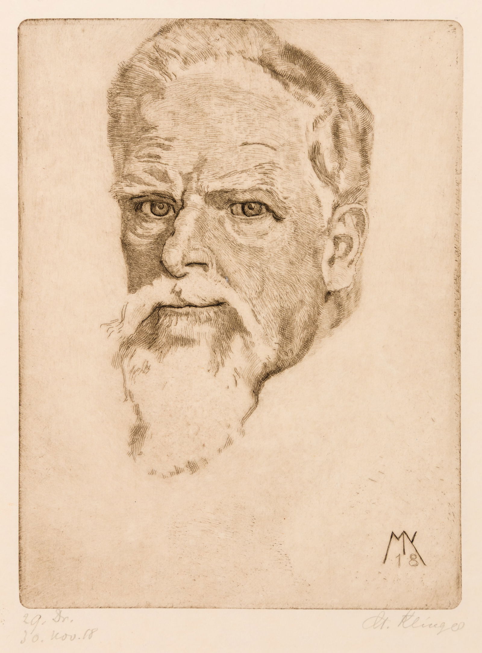 Max KLINGER: "Selbstbildnis".: Max KLINGER (German, 1857-1920): "Selbstbildnis". Etching and drypoint on wove paper, 1918. Monogrammed and dated in the plate at lower right. Signed, titled, dated and numbered in pencil at the lower