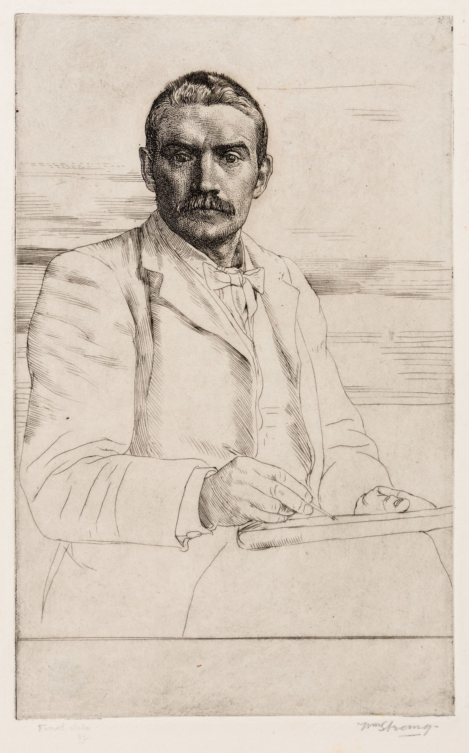 William STRANG: "Self-Portrait, no. 13".: William STRANG (Scottish, 1859-1921): "Self-Portrait, no. 13". Etching on wove paper, 1894. Reference: David Strang, 283. Signed, inscribed "final state" in pencil at the lower margin. Also annotated