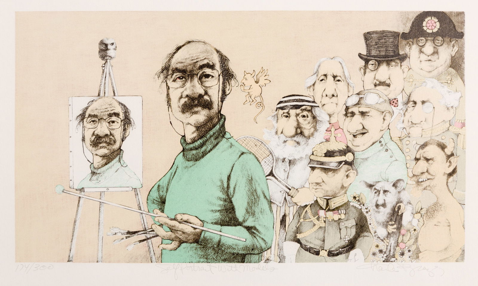 Charles BRAGG: "Self Portrait with Models".: Charles BRAGG (American, 1931-2017): "Self Portrait with Models". Lithograph printed in color on card-stock wove paper, circa 1980. Edition of 300. Published by the Martin Lawrence Galleries, Los Ange