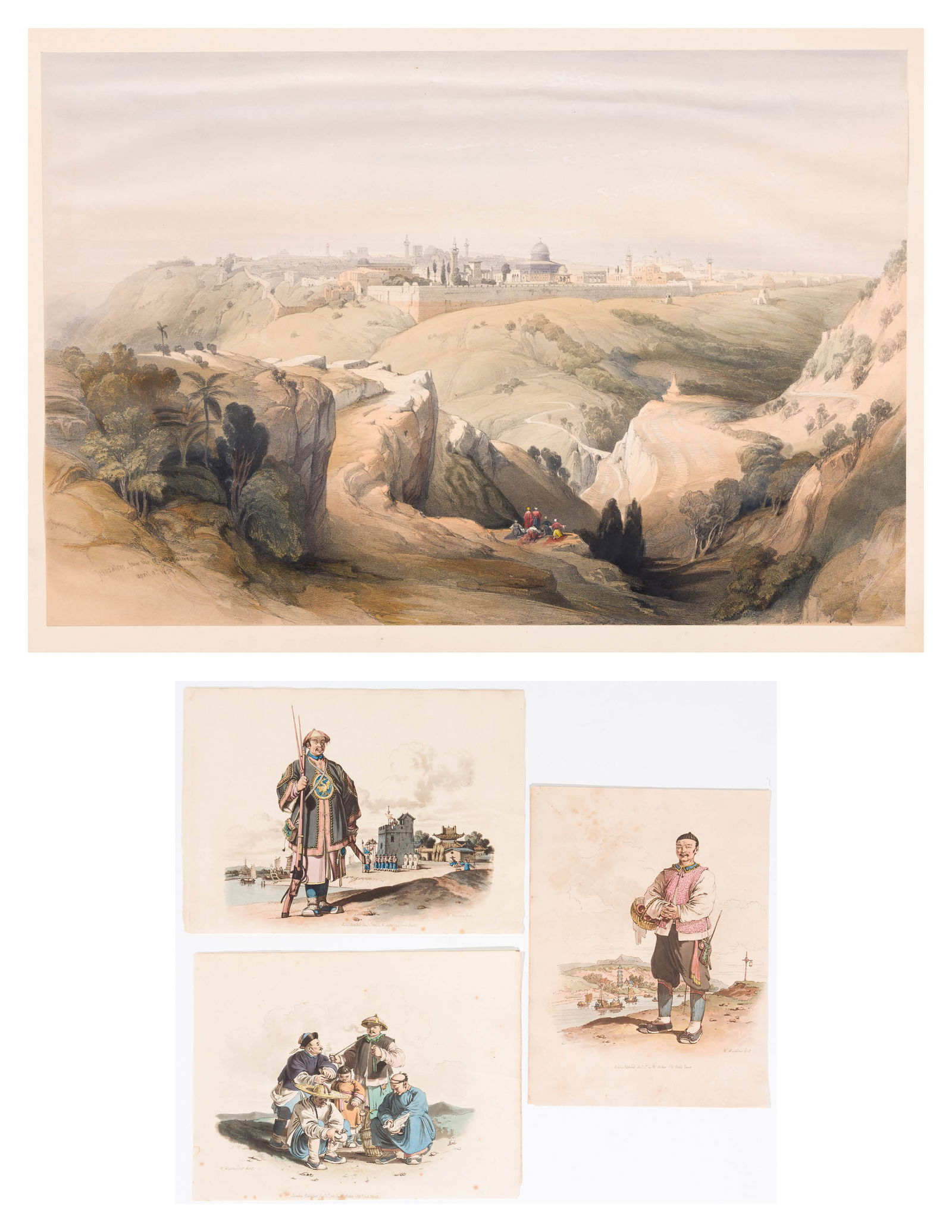 David ROBERTS: Four early travel lithographs.: Four early travel lithographs. David ROBERTS (Scottish, 1796?1864): "Jerusalem from the Mount of Olives". Color lithograph on wove paper, affixed at the edges to a support sheet. Signed in the stone,