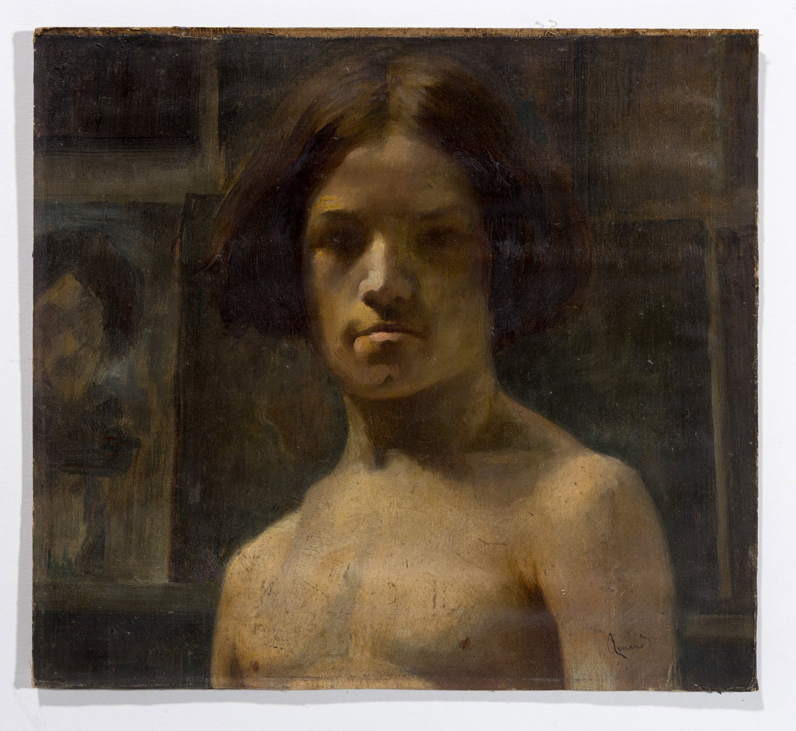 Toussaint Xenophon RENAUD: "Buste de Garcon...": Toussaint Xenophon RENAUD (Canadian, 1860-1946): "Buste de Garcon, Torse Nu". Oil on canvas, mounted on board, 1907. Signed in ink, lower rigth corner. Countersigned with the same ink pen "toussaint x