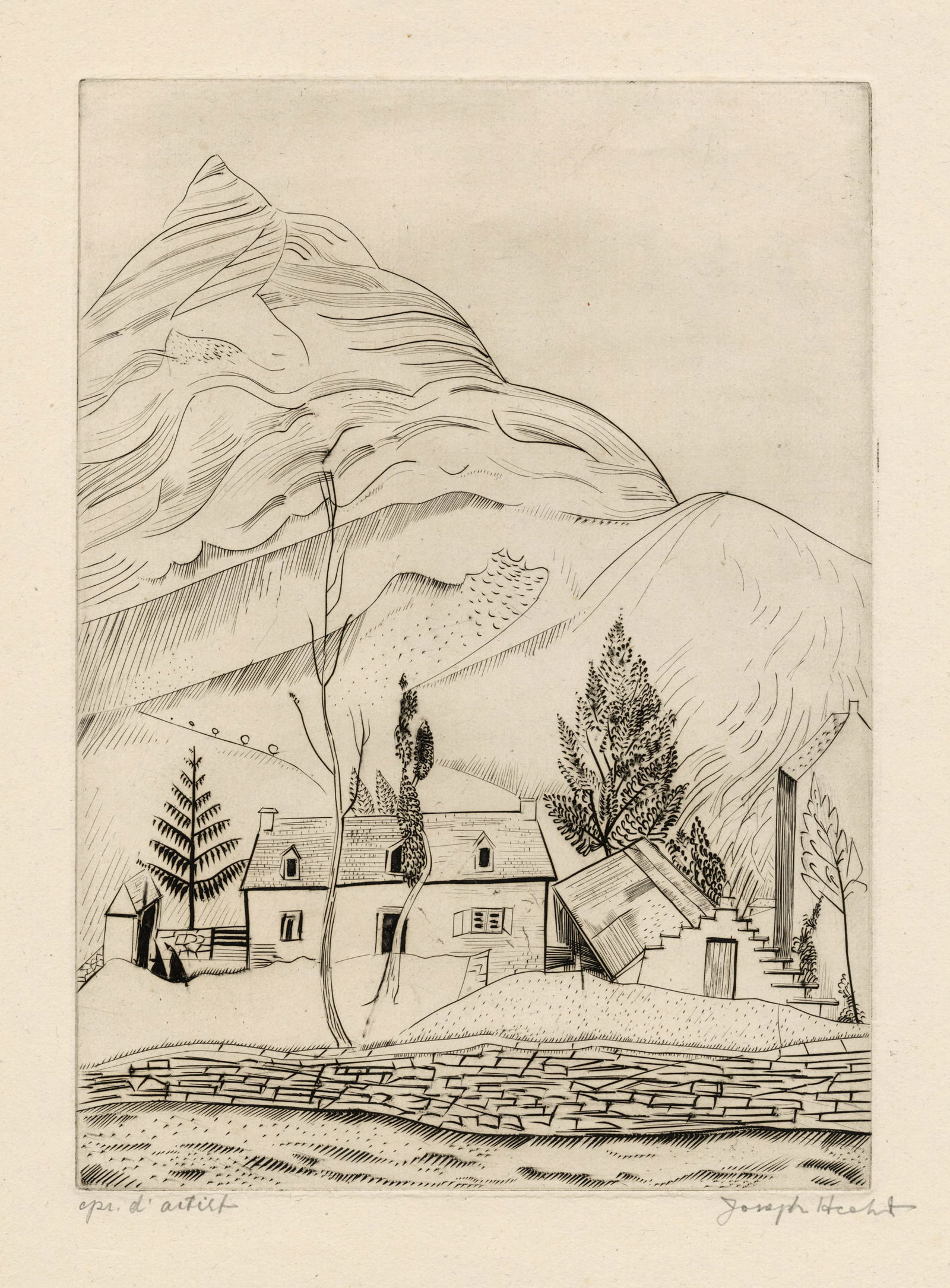 Joseph HECHT: "Gavarnie II".: Joseph HECHT (Polish French, 1891-1951): "Gavarnie II". Engraving on laid Monval paper, circa 1920-23. Reference: Tonneau-Ryckelynck & Plumart 95. Artist?s proof, aside from the edition of 40. Signed