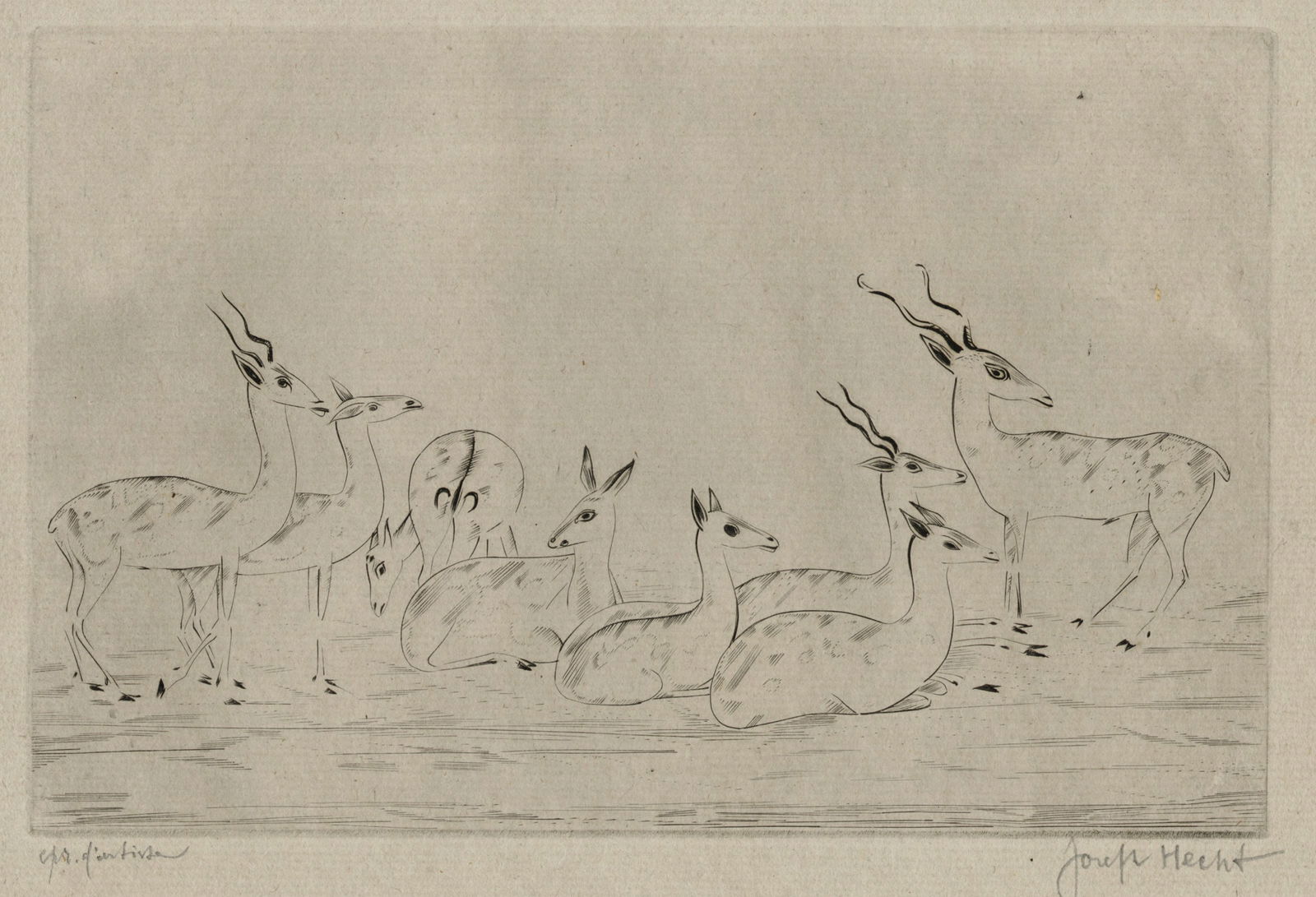 Joseph HECHT: "Gazelle et Biches II".: Joseph HECHT (Polish French, 1891-1951): "Gazelle et Biches II". Engraving on gray Monval paper, 1930. Reference: Tonneau-Ryckelynck & Plumart 211. Artist's proof, aside from an edition of 40. Signed