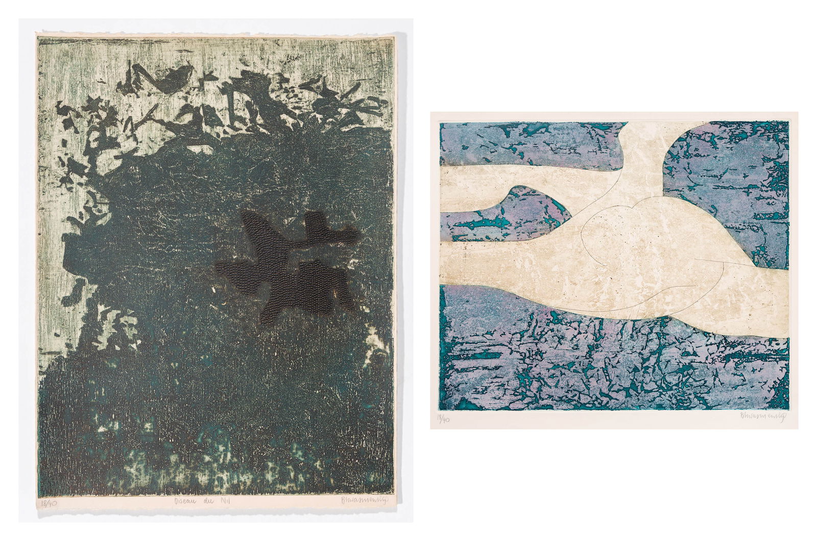 Barbara KWASNIEWSKA: "Oiseau du Nil" with?.: Two prints by Barbara KWASNIEWSKA (Polish French, born 1934): "Oiseau du Nil". Color aquatint and etching on wove paper, 1964. Edition of 40. Printed almost to the sheet's edges, as issued. Signed, ti