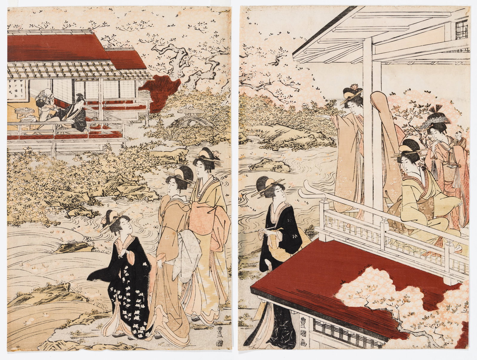 Utagawa TOKOYUNI I: "Enjoying Cherry Blossoms...": Utagawa TOKOYUNI I (Japanese, 1769-1825): "Enjoying Cherry Blossoms in Full Bloom". Two woodblock panels on washi paper, the left and center panels from from the original triptych. Each stamped and in