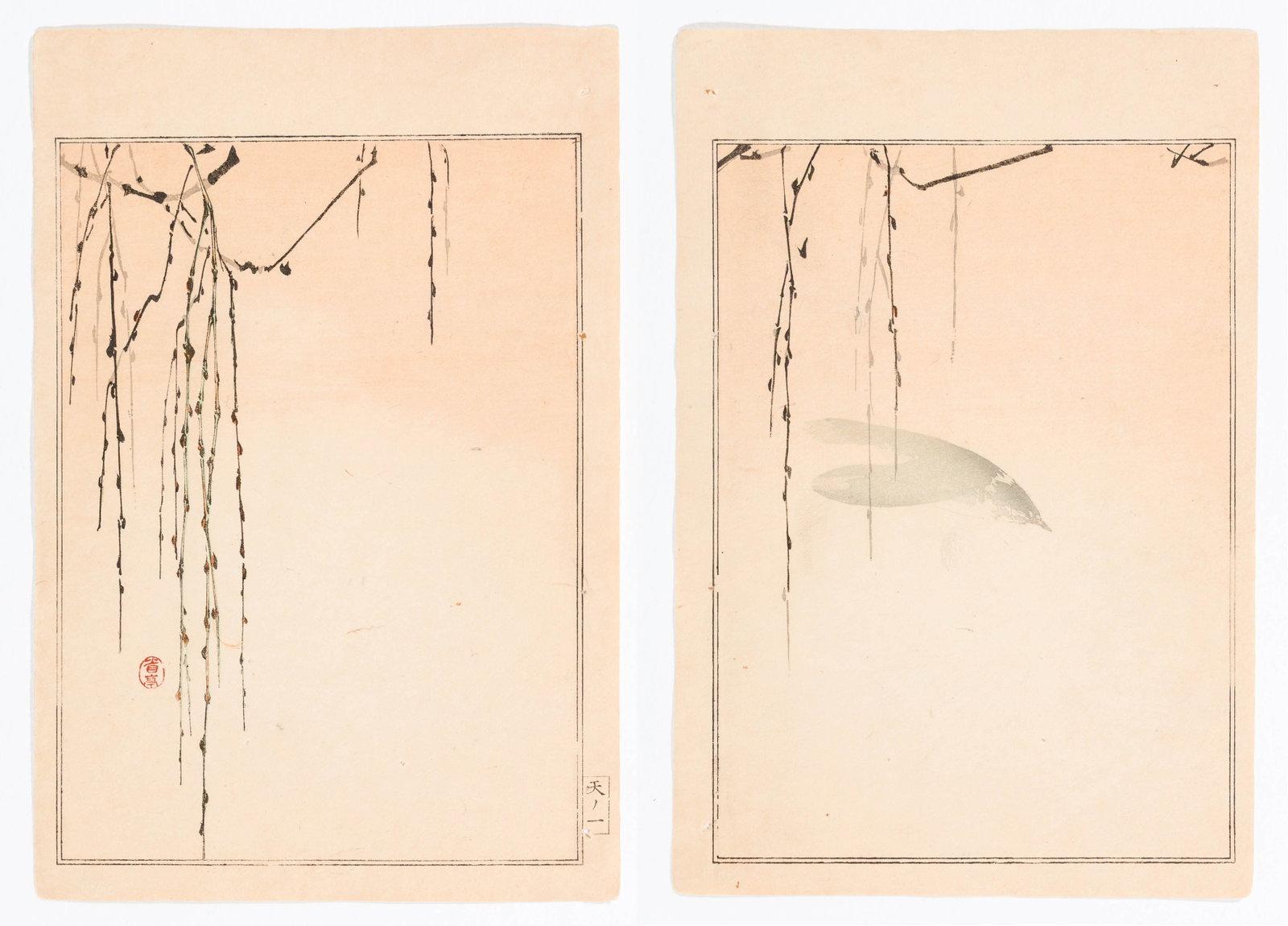 Seitei WATANABE/Shotei: "Vines and Flying Bird".: Seitei WATANABE/Shotei (Japanese, 1852-1918): "Vines and Flying Bird" from the series "Birds and Flower Painting Manual". A pair of woodblock prints on paper, 1891. Sizes given are for each. Image siz