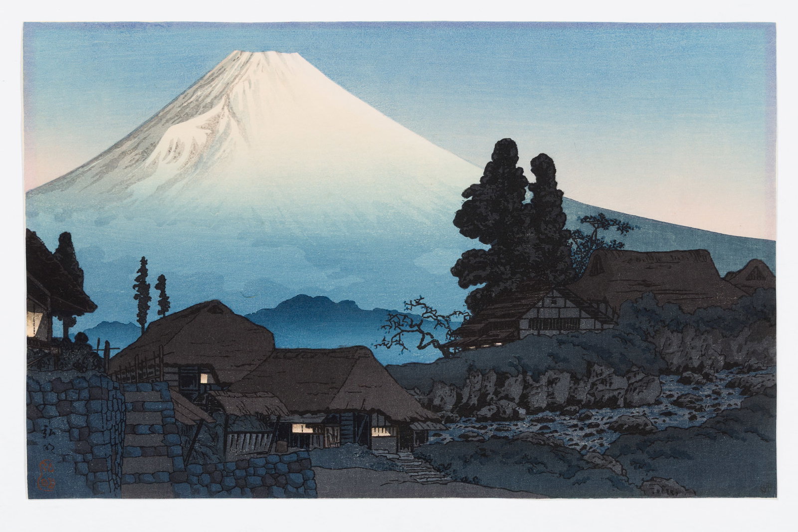 Hiraoki TAKAHASHI/Shotei: "Mount Fuji from Mizukubo".: Hiraoki TAKAHASHI/Shotei (Japanese, 1871-1945): "Mount Fuji from Mizukubo". Woodblock print on washi paper, 1936. Stamped and inscribed at lower left as issued. Image size: 9 1/4 x 14 1/2 inches.