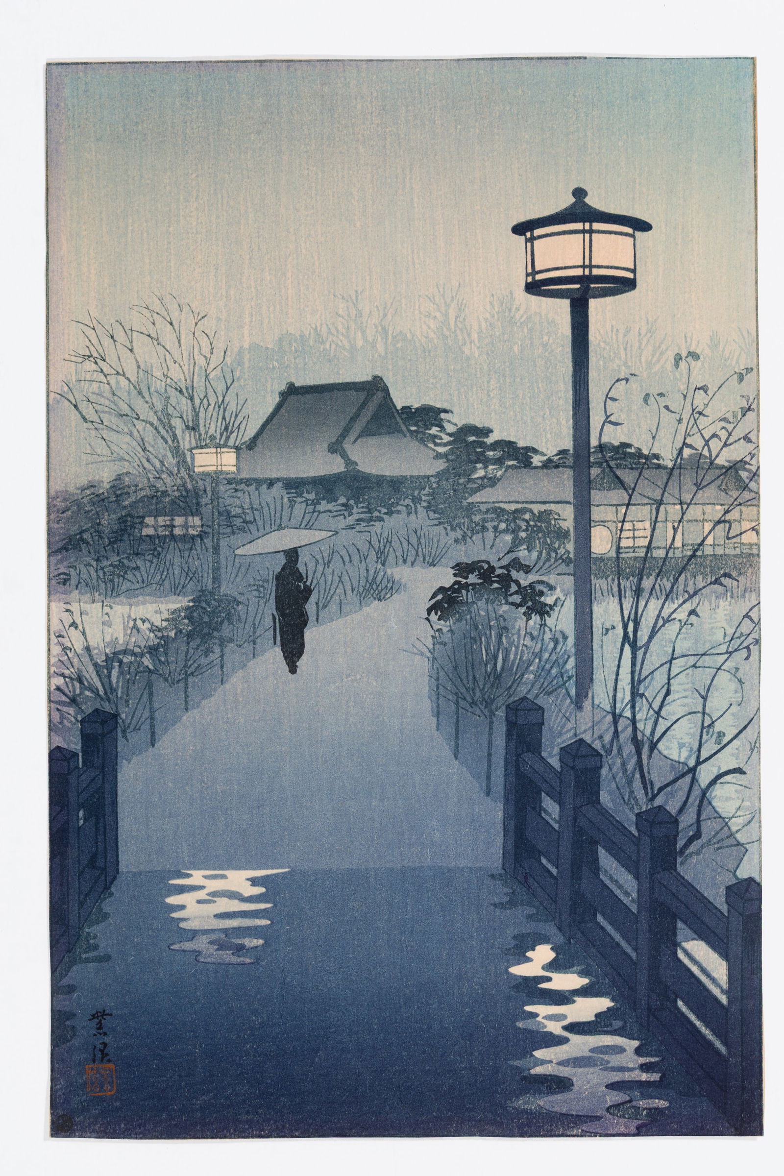 Shiro KASAMATSU: "Rainy Evening at Shinobazu Pond".: Shiro KASAMATSU (Japanese, 1898-1991): "Rainy Evening at Shinobazu Pond". Woodblock print on washi paper, 1938. Red ink seal and signature as issued. Image size: 14 1/2 x 9 3/8 inches.