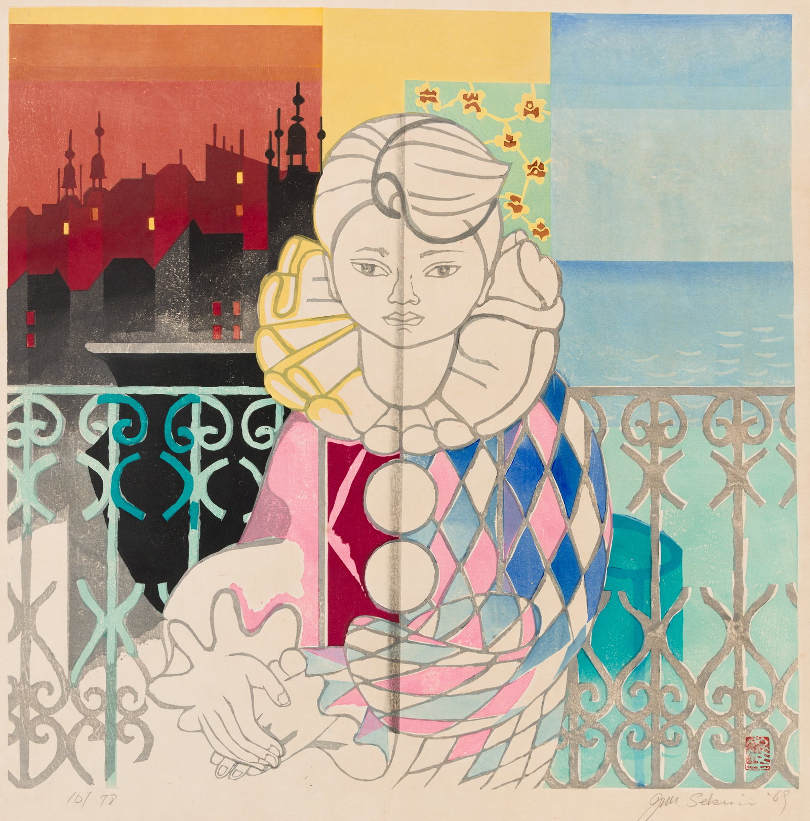 Junichiro SEKINO: "Day and Night".: Junichiro SEKINO (Japanese, 1914-1988): "Day and Night". Woodblock print on washi style paper, 1969. Pencil signed, numbered "10/78", and dated. From the edition of 78. Image size: 22 1/8 x 22 3/8 inc