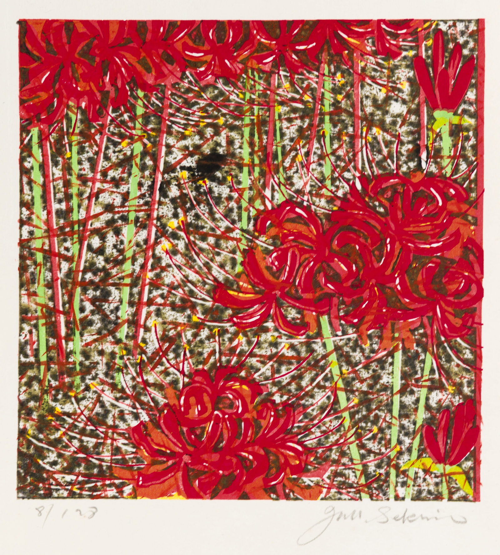 Junichiro SEKINO: "Spider Lillies".: Junichiro SEKINO (Japanese, 1914-1988): "Spider Lillies". Woodblock print on washi style paper. Pencil signed, numbered "8/198", and dated. Image size: 8 1/2 x 8 1/8 inches. Sheet size: 15 5/8 x 10 1/
