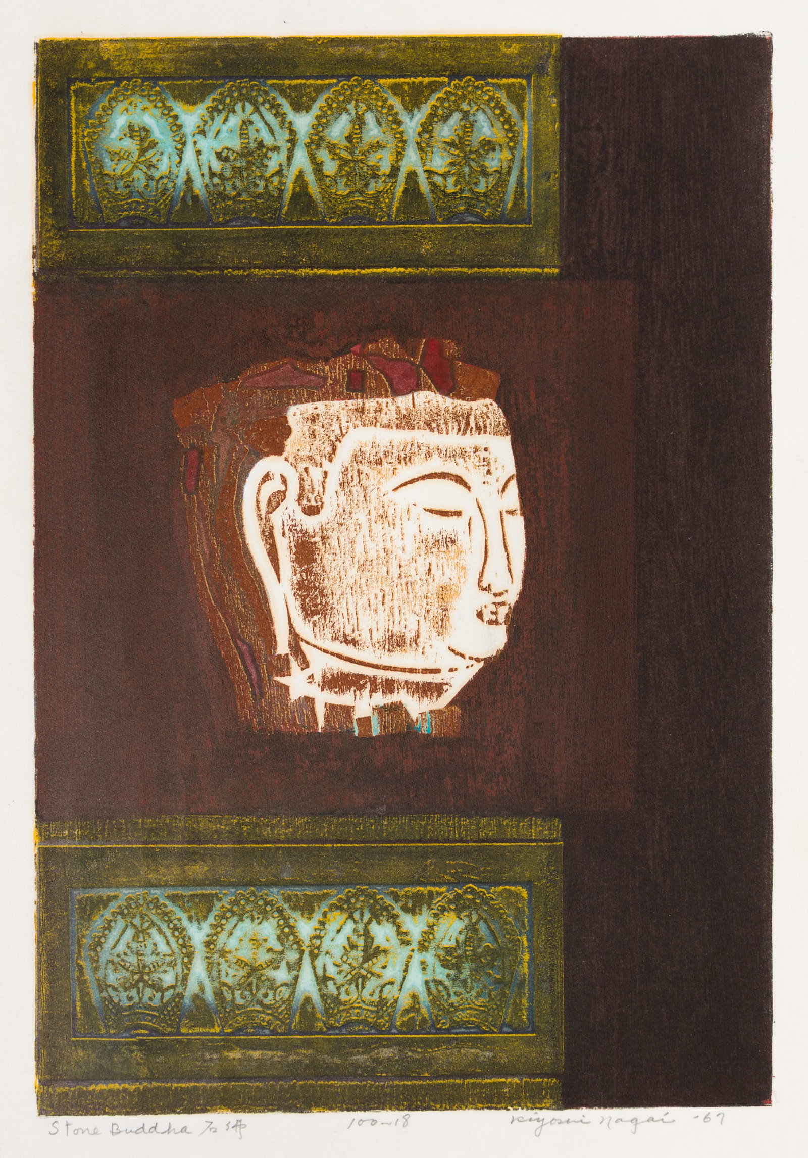 Kiyoshi NAGAI: "Stone Buddha".: Kiyoshi NAGAI (Japanese, 1911-1984): "Stone Buddha". Woodblock print on washi style paper, 1967. Signed in the plate at lower right, pencil signed, numbered "18/100", dated and inscribed in kanji. Fro