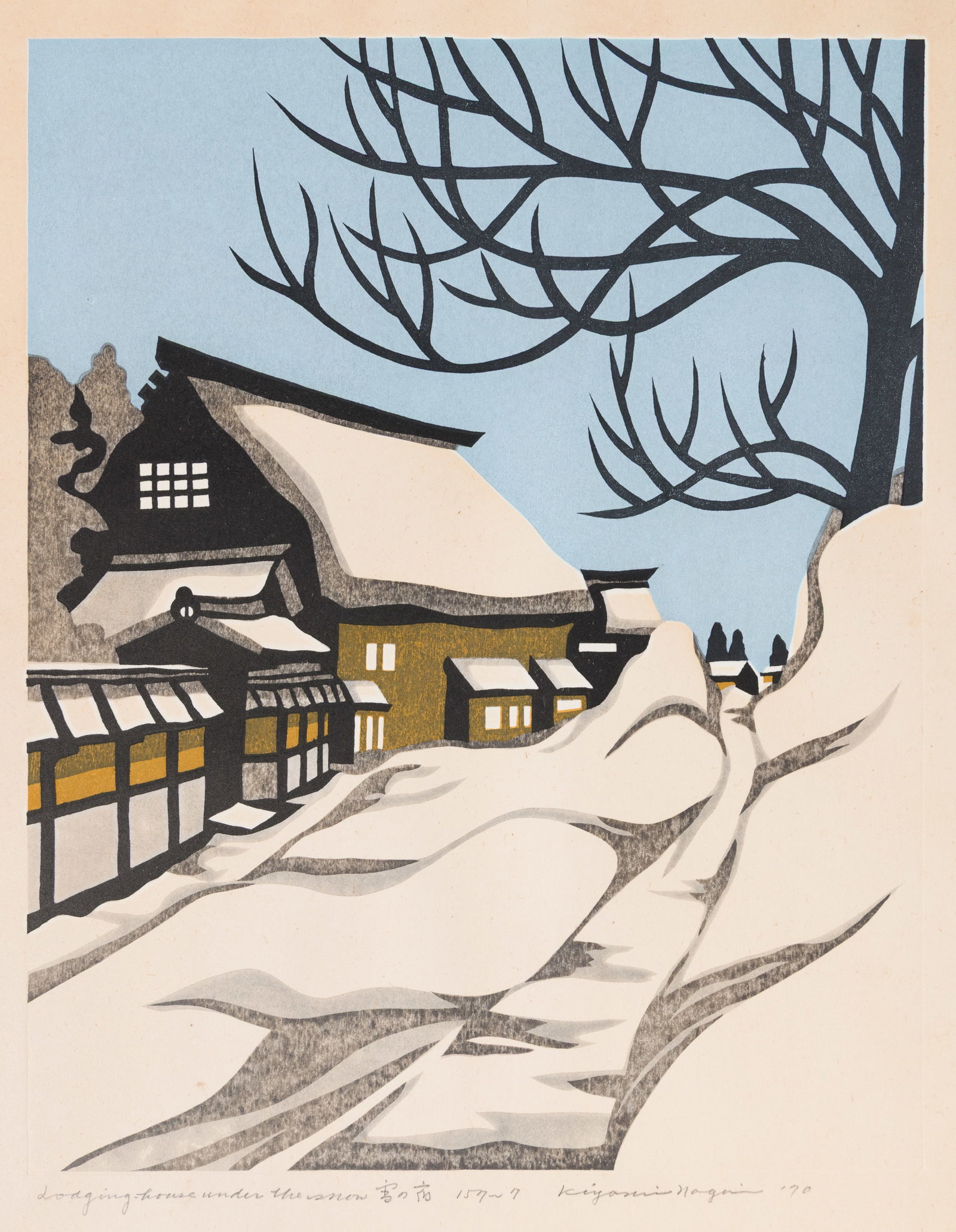 Kiyoshi NAGAI: "Lodging House Under the Snow".: Kiyoshi NAGAI (Japanese, 1911-1984): "Lodging House Under the Snow". Woodblock print on washi style paper, 1970. Pencil signed, numbered "7/157", titled, dated and inscribed in kanji. From the edition