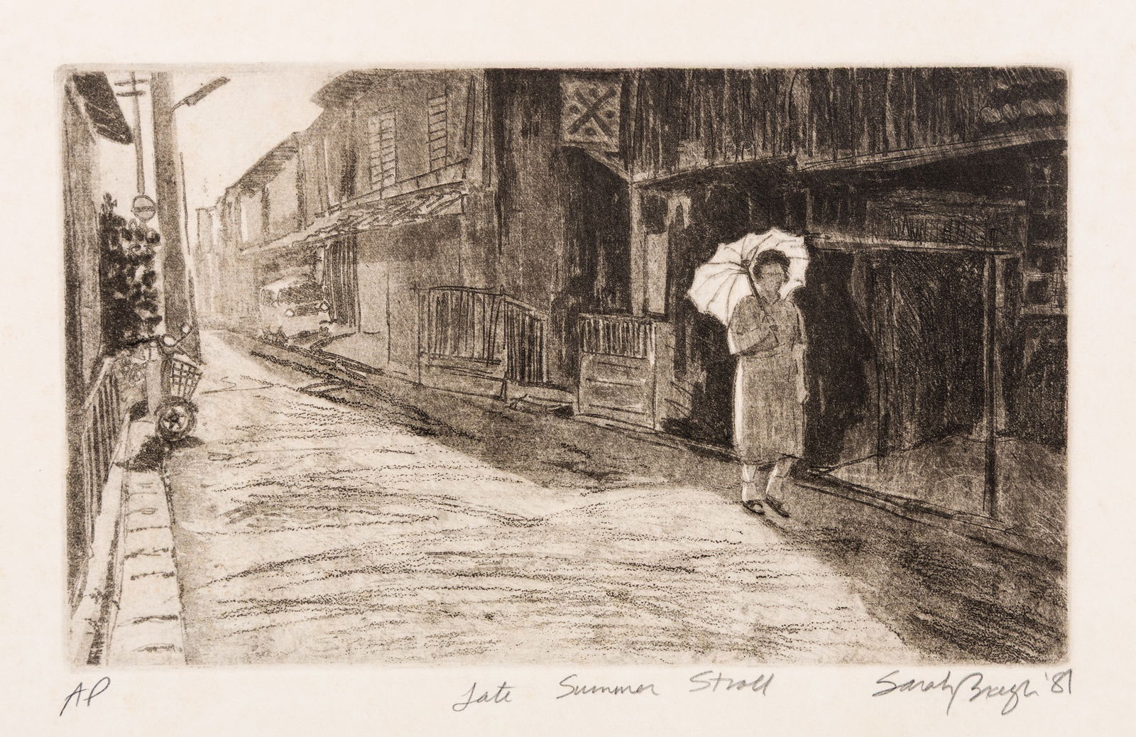 Sarah BRAYER: "Late Summer Stroll".: Sarah BRAYER (American, b. 1957): "Late Summer Stroll". Etching on Fabriano wove paper, 1981. Pencil signed, titled, dated and inscribed "Artist's Proof" at the lower margin. Plate size: 6 3/8 x 10 1/