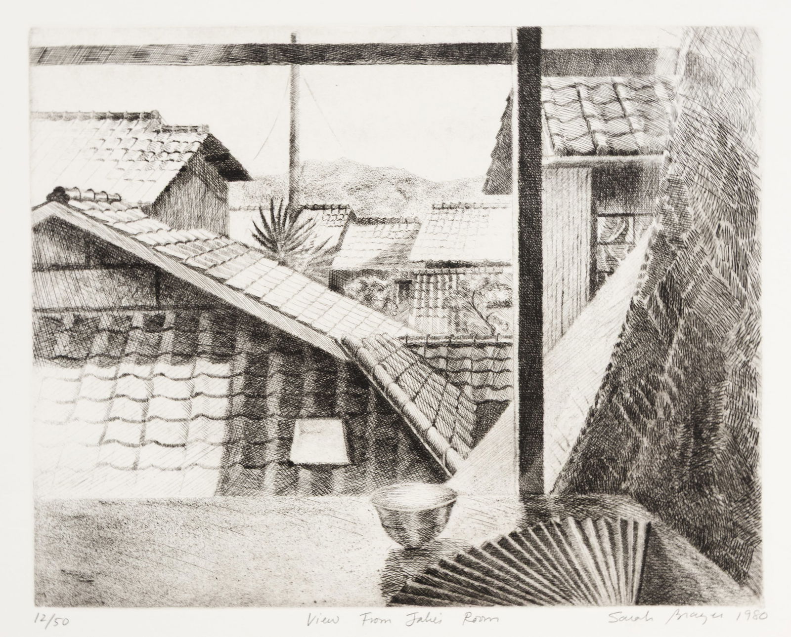 Sarah BRAYER: "View from Jake's Room".: Sarah BRAYER (American, b. 1957): "View from Jake's Room". Etching on cream wove paper, 1980. Pencil signed, titled, dated and numbered at the lower margin. From the edition of 50. Plate size: 11 1/8