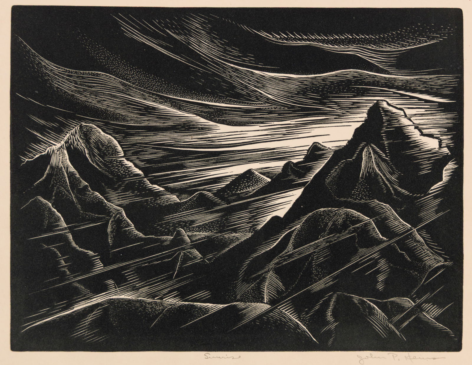 John P. HEINS: "Sunrise".: John P. HEINS (American, 1896-1969): "Sunrise". Wood engraving on wove paper, 1935-43. Signed and titled in pencil at the lower margin. Publisher: Works Progress Administration (WPA), according to Met