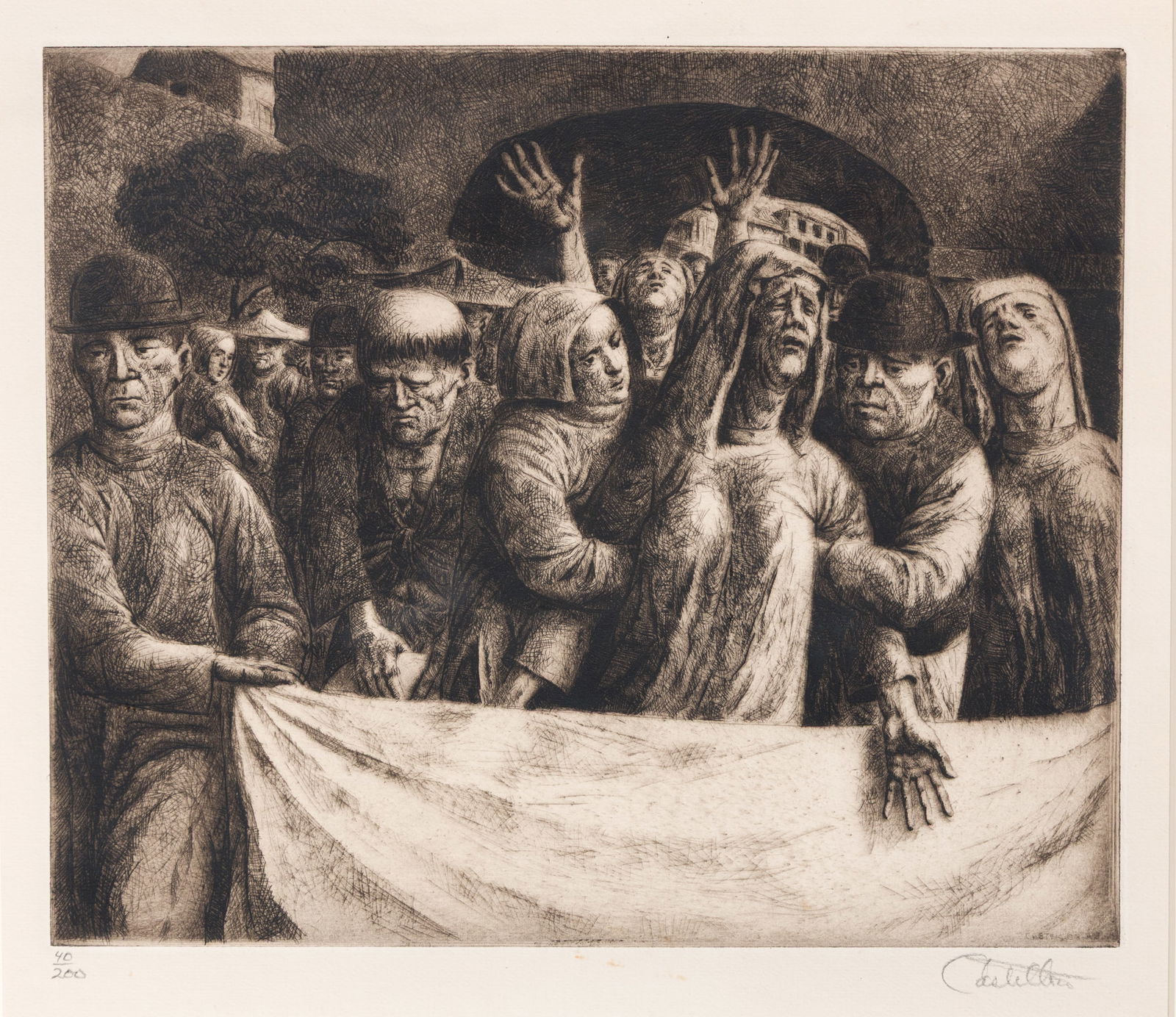 Federico CASTELLON: "The Bereaved".: Federico CASTELLON (Spanish American, 1914-1971): "The Bereaved". Etching on laid paper, 1950. Edition of 200. Signed and numbered in pencil. Plate size: 9 1/8 x 11 inches. Frame size: 16 1/2 x 17 1/2