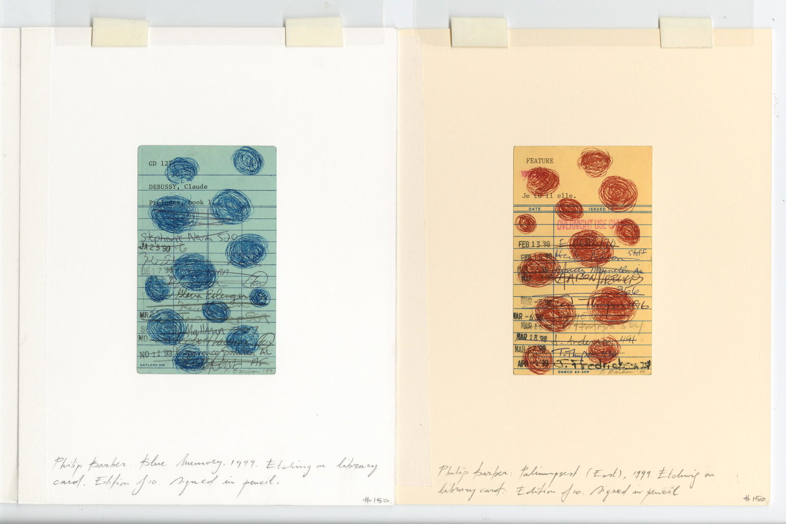 Philip BARBER: Two etchings on library cards.: Two etchings on library cards by Philip BARBER (American, b. 1951): "Blue Memory", and "Palimpsest (East)". Etching in blue ink, and in red ink on library card, 1999. From the editions of 10 each. Sig