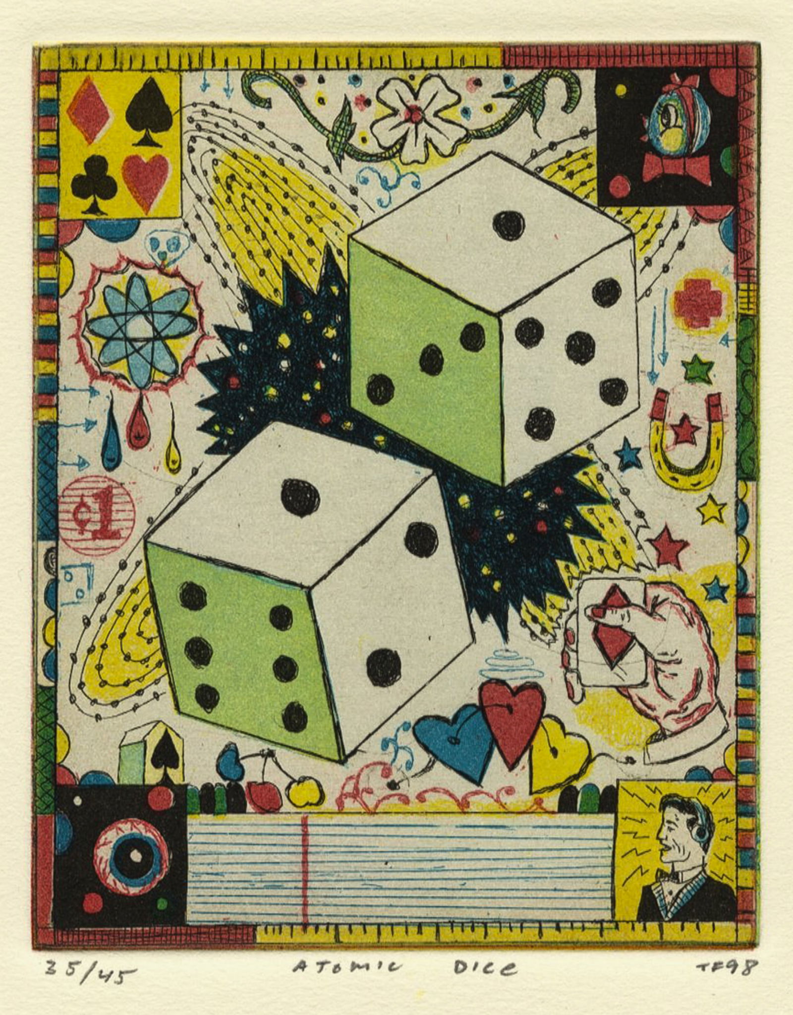 Tony FITZPATRICK: "Atomic Dice".: Tony FITZPATRICK (American, 1958-2025): "Atomic Dice" (from The Infinite Wager portfolio). Etching with aquatint on wove paper, 1998. Pencil signed (initialed), titled, and numbered at the lower margi