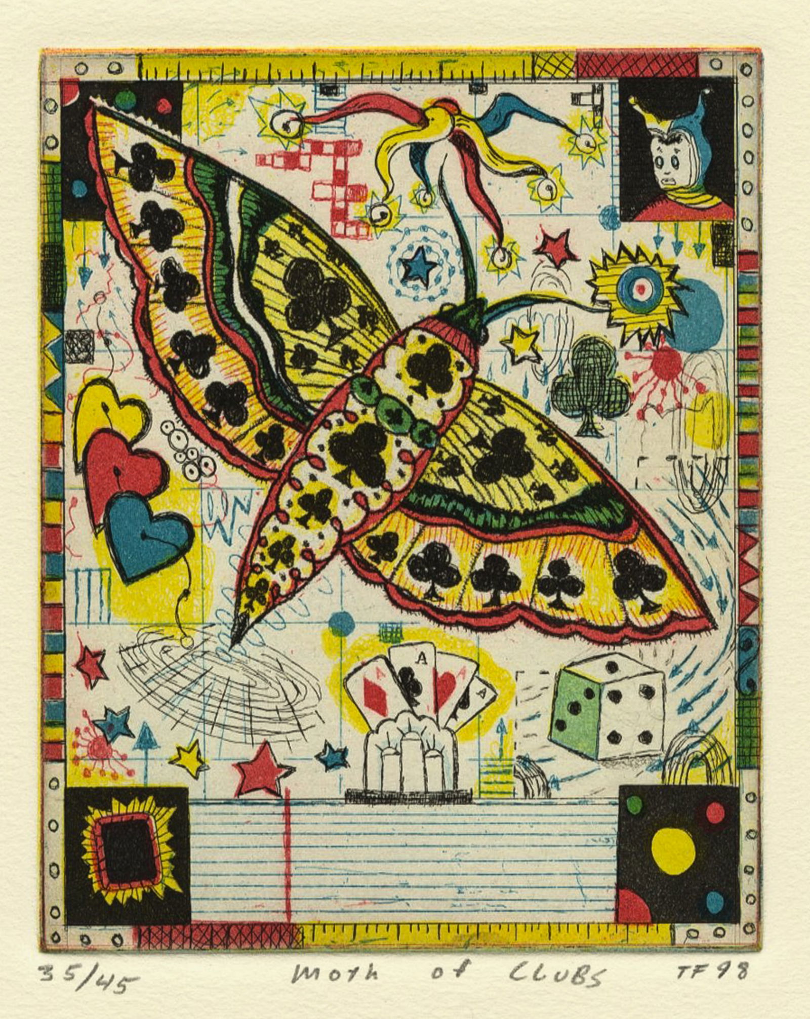 Tony FITZPATRICK: "Moth of Clubs".: Tony FITZPATRICK (American, 1958-2025): "Moth of Clubs" (from The Infinite Wager portfolio). Etching with aquatint on wove paper, 1998. Pencil signed (initialed), titled, and numbered at the lower mar