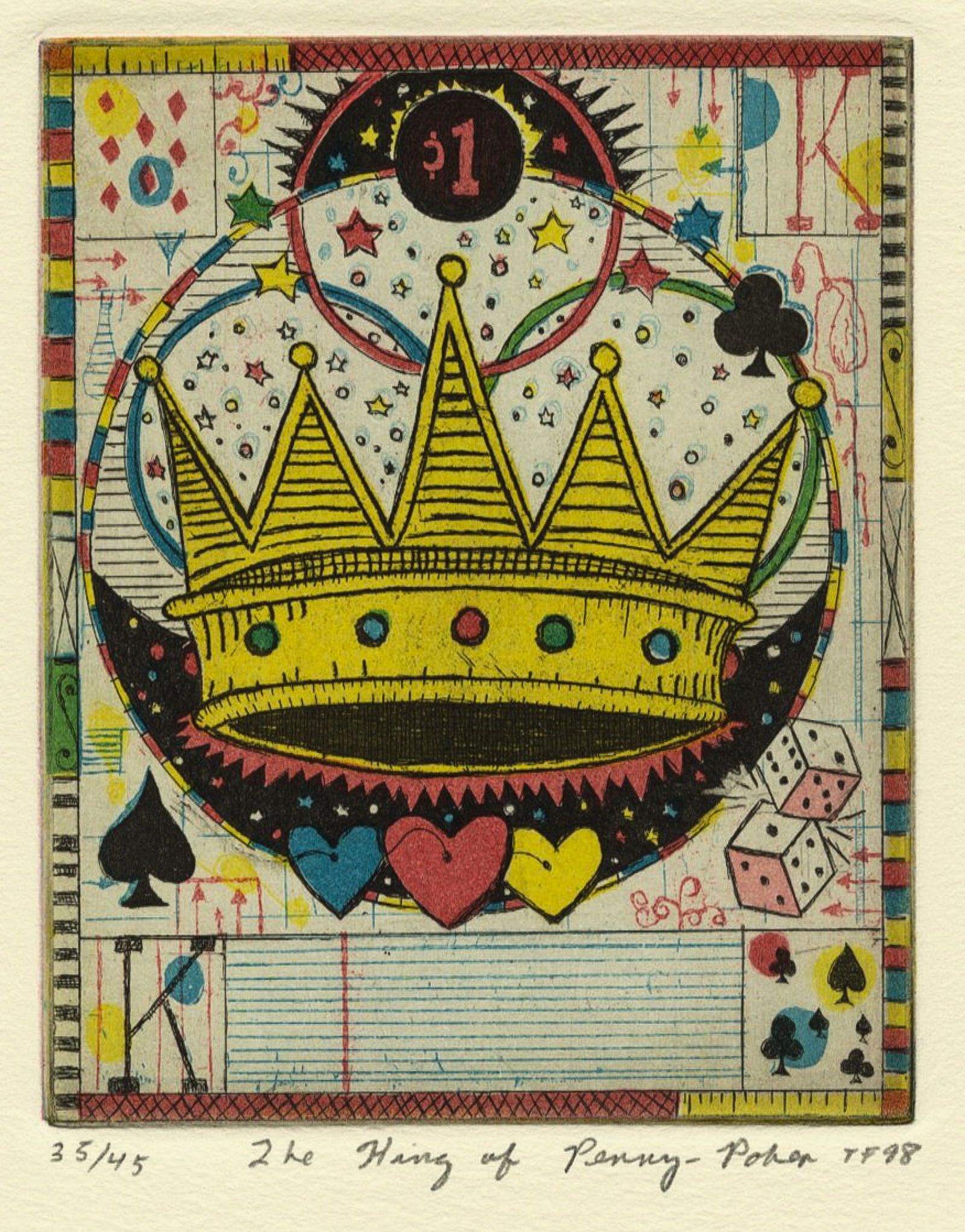 Tony FITZPATRICK: "The King of Penny Poker".: Tony FITZPATRICK (American, 1958-2025): "The King of Penny Poker" (from The Infinite Wager portfolio). Etching with aquatint on wove paper, 1998. Pencil signed (initialed), titled, and numbered at the