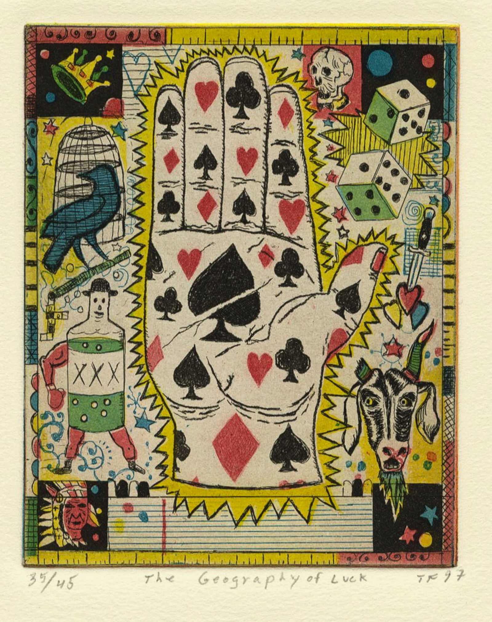 Tony FITZPATRICK: "The Geography of Luck".: Tony FITZPATRICK (American, 1958-2025): "The Geography of Luck" (from The Infinite Wager portfolio). Etching with aquatint on wove paper, 1998. Pencil signed (initialed), titled, and numbered at the l