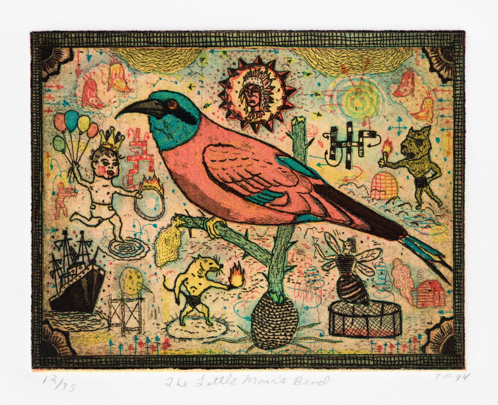 Tony FITZPATRICK: "The Little Man's Bird".: Tony FITZPATRICK (American, 1958-2025): "The Little Man's Bird". Color etching and aquatint, 1994. Edition of 35. Signed, titled, dated and numbered in pencil. Plate size:4 x 5 inches. Sheet size: 12