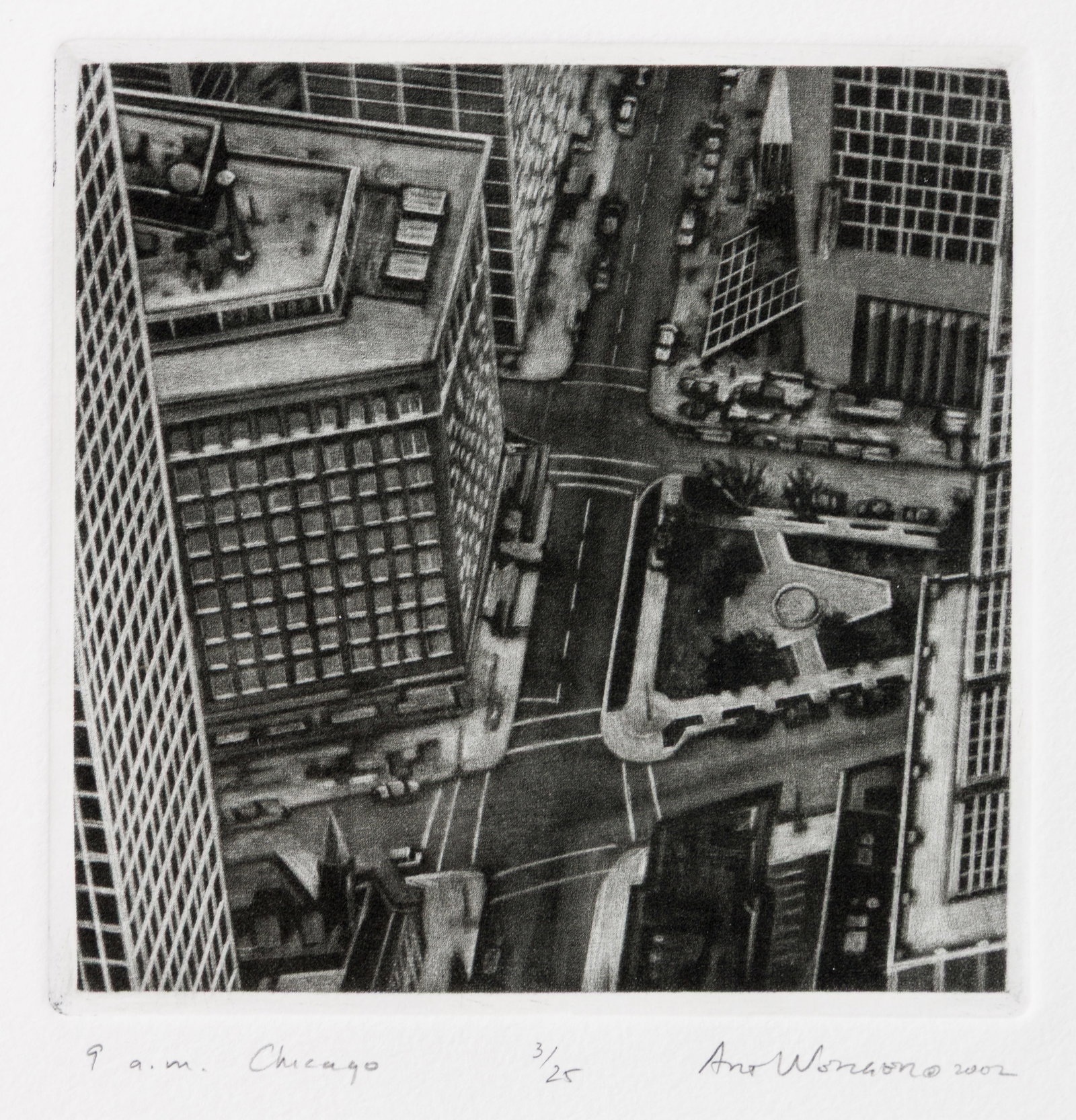 Art WERGER: "9 a.m. Chicago".: Art WERGER (American, born 1955): "9 a.m. Chicago". Mezzotint on wove paper, 2002. Edition of 25. Signed, titled, dated, and numbered in pencil. Plate size: 5 x 5 inches.