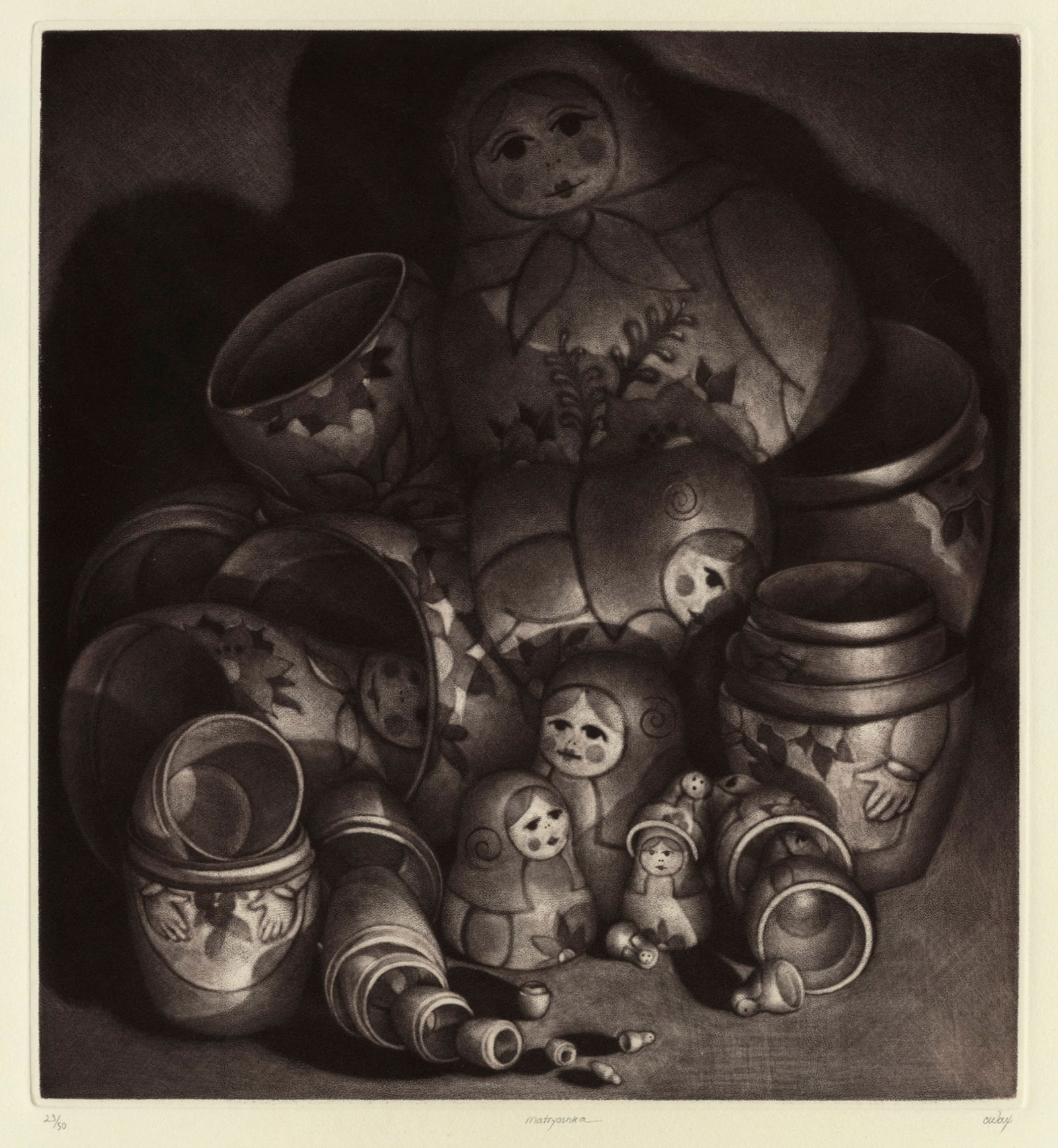 Carol WAX: "Matryoshka".: Carol WAX (American, born 1953): "Matryoshka". Mezzotint printed in reddish black on wove paper, 1982. Edition of 50. Signed, titled, and numbered in pencil. Plate size: 11 7/8 x 10 7/8 inches.