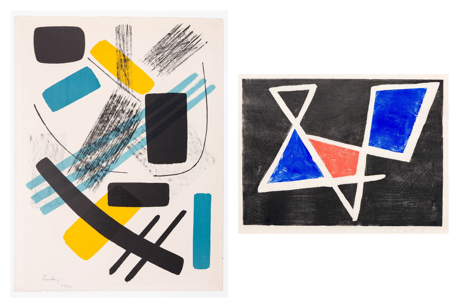 A Pair of Modern Color Lithographs.: Two unidentified color lithograph. THE FIRST: color lithograph on thin laid Japan paper, 1956. Signed and dated in pencil. Image size: 11 1/2 x 15 1/2 inches. THE SECOND: Color lithograph on Arches wo