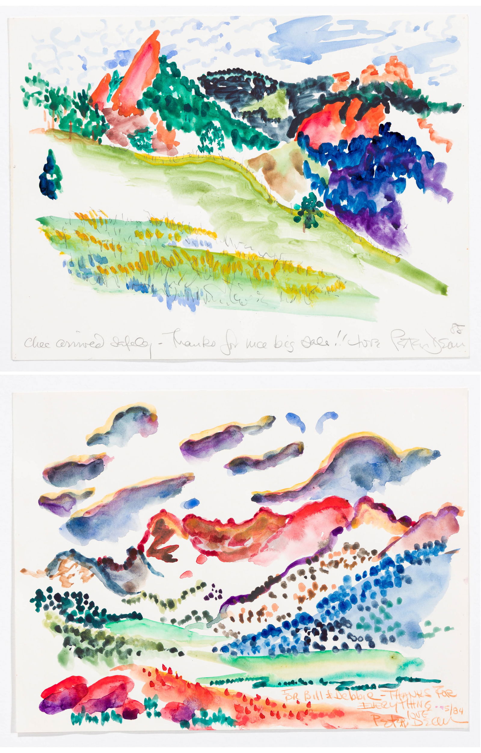 Peter DEAN: "Two Watercolor Landscapes".: Peter DEAN (German/American, 1934-1993): "Two Landscapes". Watercolor on paper, 1984 and 1988. Both signed and dated, with inscriptions, thanks, and personal dedications. Image size (each): 9 x 12 inc