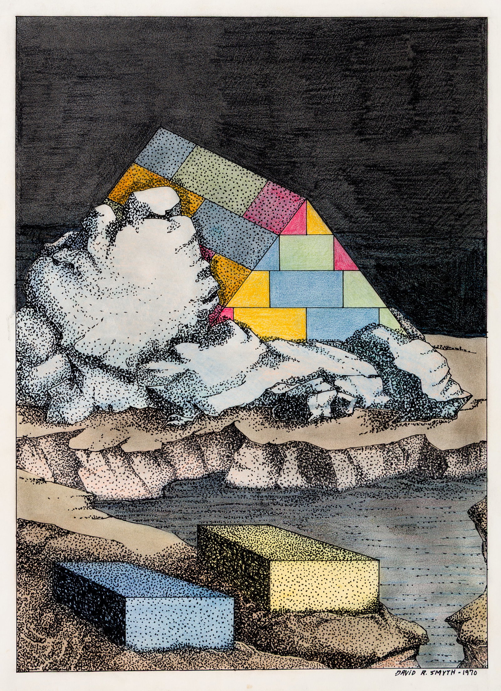 David R. SMYTH: "Untitled Drawing". (1970): David R. SMYTH (American, b. 1943): "Untitled Drawing". Ink, graphite, and watercolor wash on wove paper, 1970. Signed and dated in ink at lower right. Image size: 18 x 13 inches. Sheet size: 20 x 15 