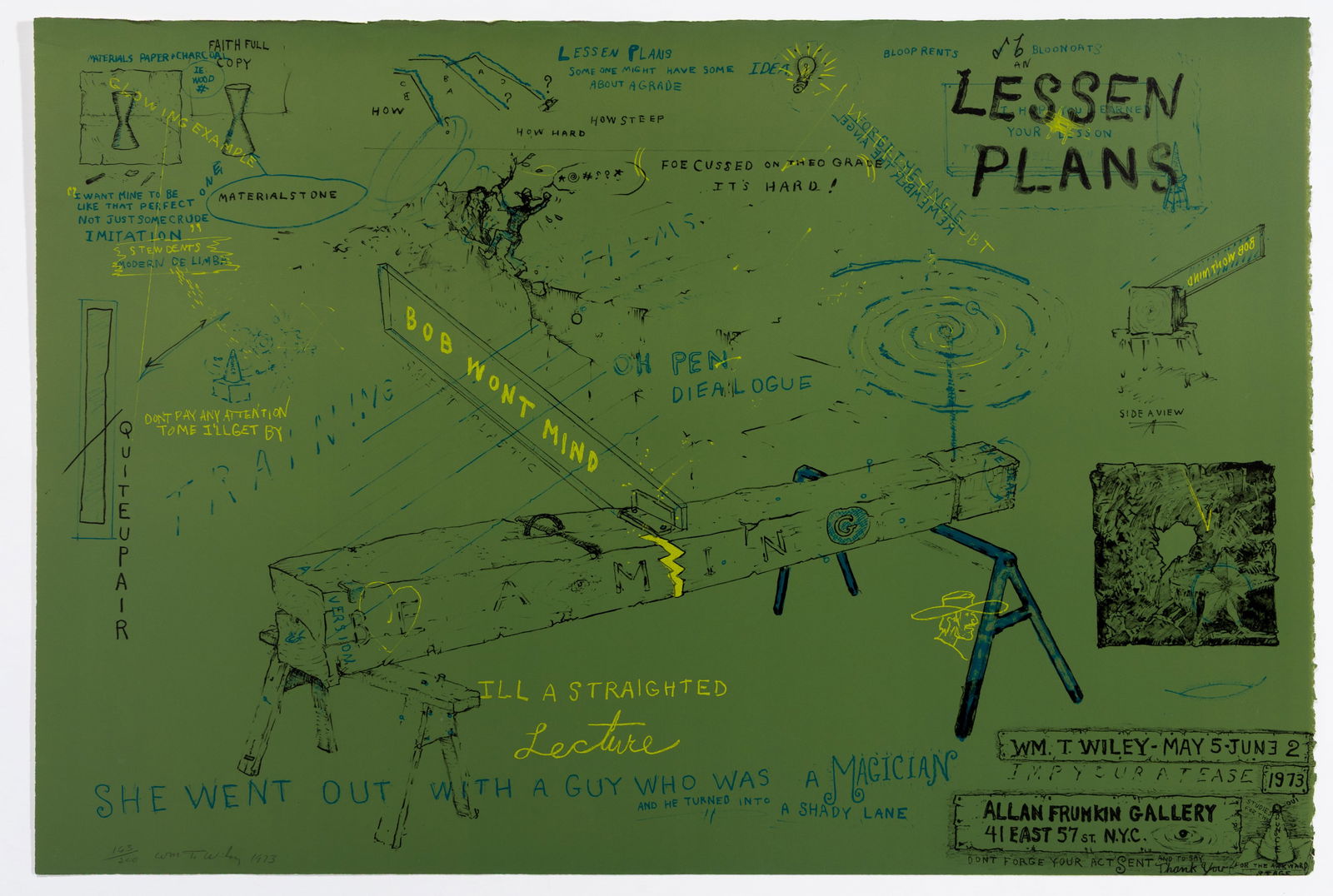 William WILEY: "Lessen Plans - Allan Frumkin Gallery".: William WILEY (American, 1937-2021): "Lessen Plans - Allan Frumkin Gallery". Exhibition poster printed in color on green wove paper, 1973. Signed, numbered, and dated in pencil along the lower edge. F