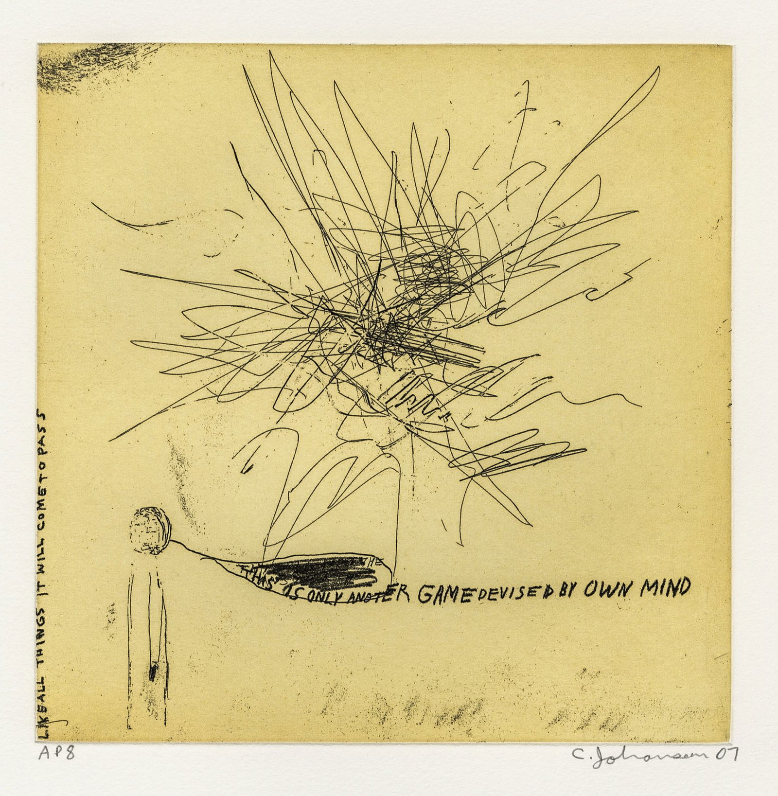 Chris JOHANSON: "Perceptions #3".: Chris JOHANSON (American, born 1968): "Perceptions #3". Color sugarlift aquatint etching on Somerset white paper, 2007. Signed, dated, and inscribed AP8, aside from the edition of 30. From a set of 9