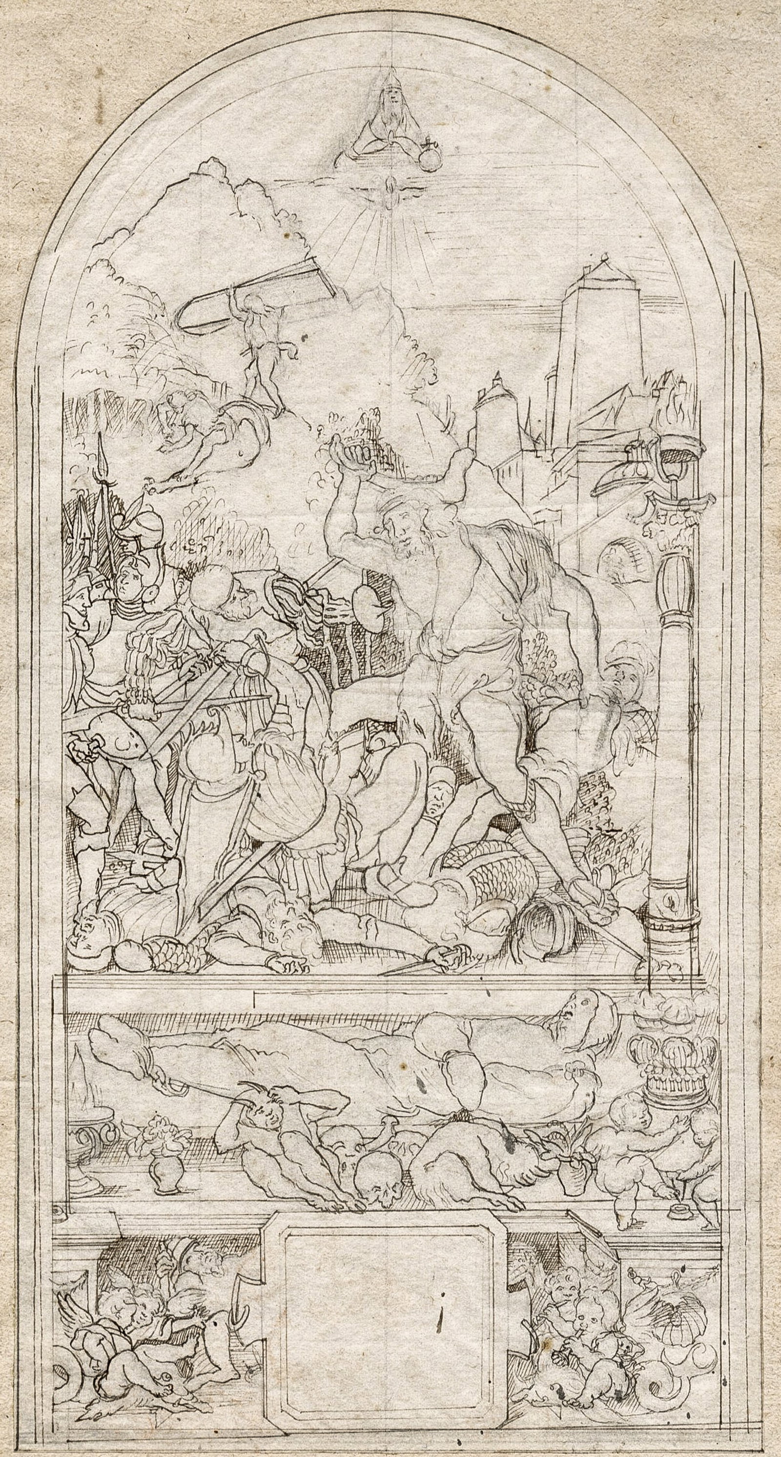 Attributed to Moritz von SCHWIND: "Mural Study...": Attributed to Moritz von SCHWIND (Austrian, 1804-1871): "Mural Study - Goliath Terrorizing the Israselites". Pen and ink over pencil on paper, mounted to a support sheet, circa 1830. Sheet size: 12 3/