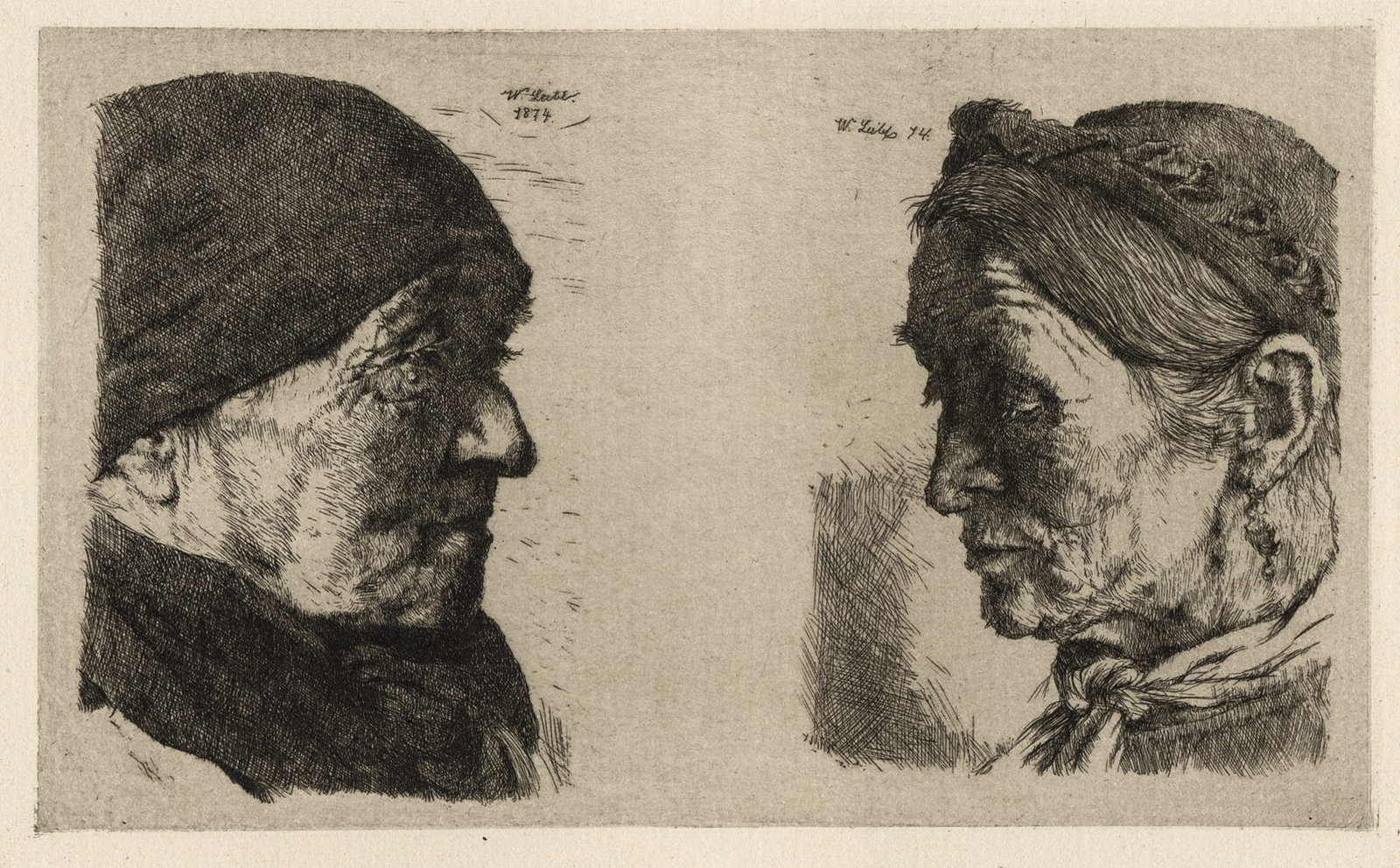 Wilhelm LEIBL: "Heads of a Peasant Couple": Wilhelm LEIBL (German, 1844-1900): "Heads of a Peasant Couple". Etching and aquatint on laid paper, 1874. The double signature and dating in the plate, by each head. The plate was into two.