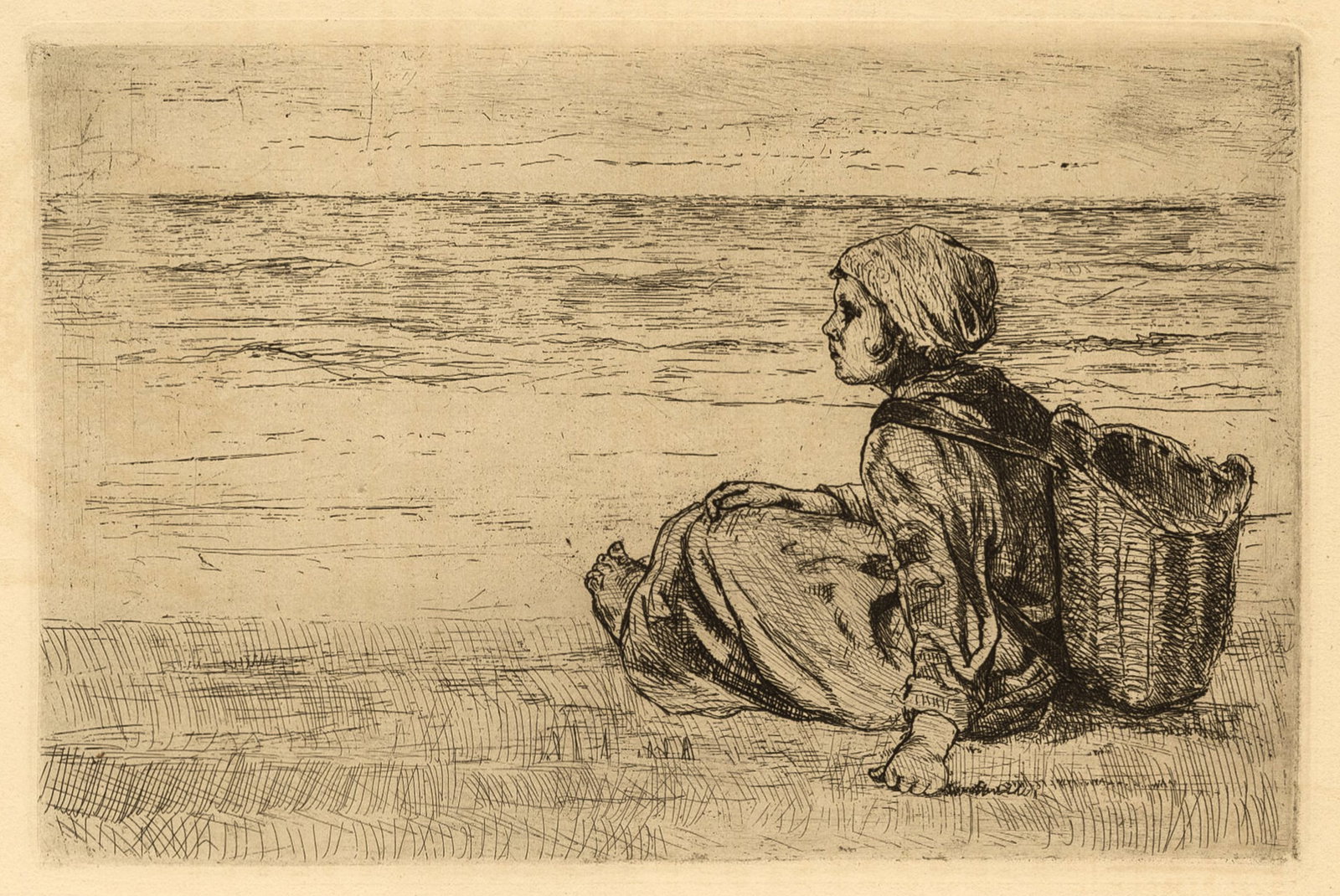 Jozef ISRAELS: "A Sheveningue".: Jozef ISRAELS (Dutch, 1824-1911): "A Sheveningue (Girl with Basket at the Shore)". Etching on watermarked laid paper. Unsigned, as published by "L'Art", Paris, circa 1879. Plate size: 5 3/4 x 8 3/4