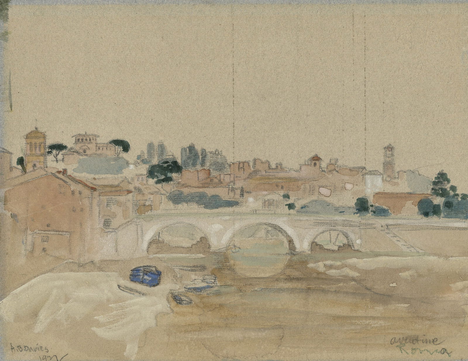 Arthur B. DAVIES: "Aventine (Hill), Roma".: Arthur B. DAVIES (American, 1862-1928): "Aventine (Hill), Roma". Watercolor and gouache on laid paper, mounted on artist's board, 1927. Pencil signed and dated at lower left, inscribed "aventine" and