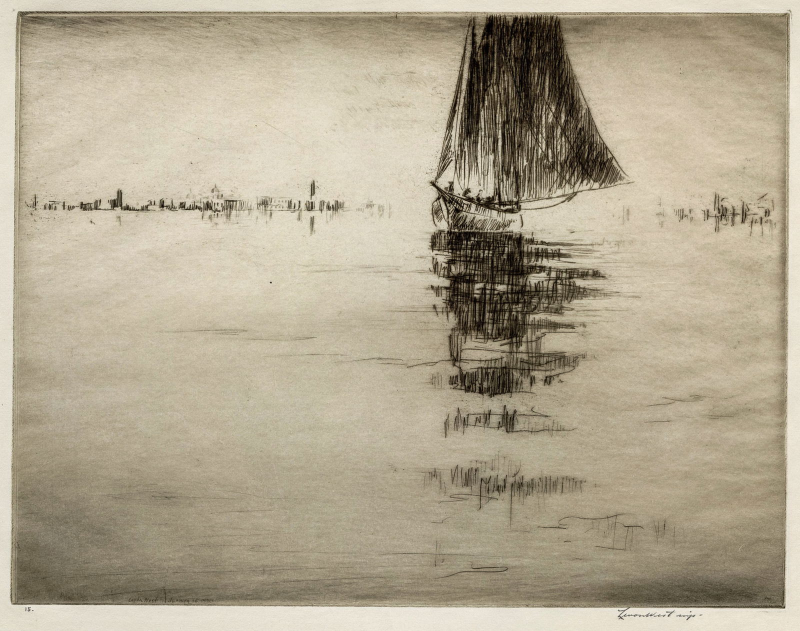 Levon WEST: "Morning, Venice Lagoon".: Levon WEST (American, 1900-1968): "Morning, Venice Lagoon". Etching on pale green paper, 1930. Seemingly a scarce print by the artist. Signed and dated "January 16, 1930 " in the lower plate edge.