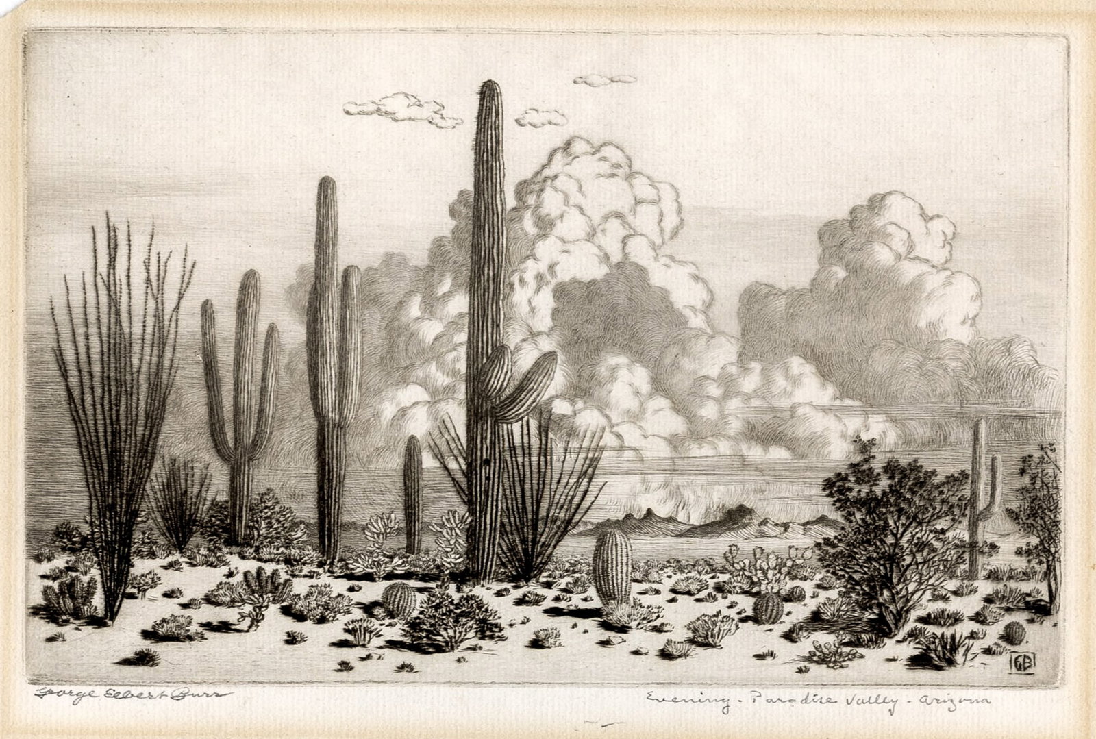 George Elbert BURR: "Evening, Paradise Valley".: George Elbert BURR (American, 1859-1939): "Evening, Paradise Valley, Arizona". Etching and drypoint, circa 1920. Reference: Seeber 319. Signed and titled in pencil. Plate size: 5 x 7 5/8 inches.