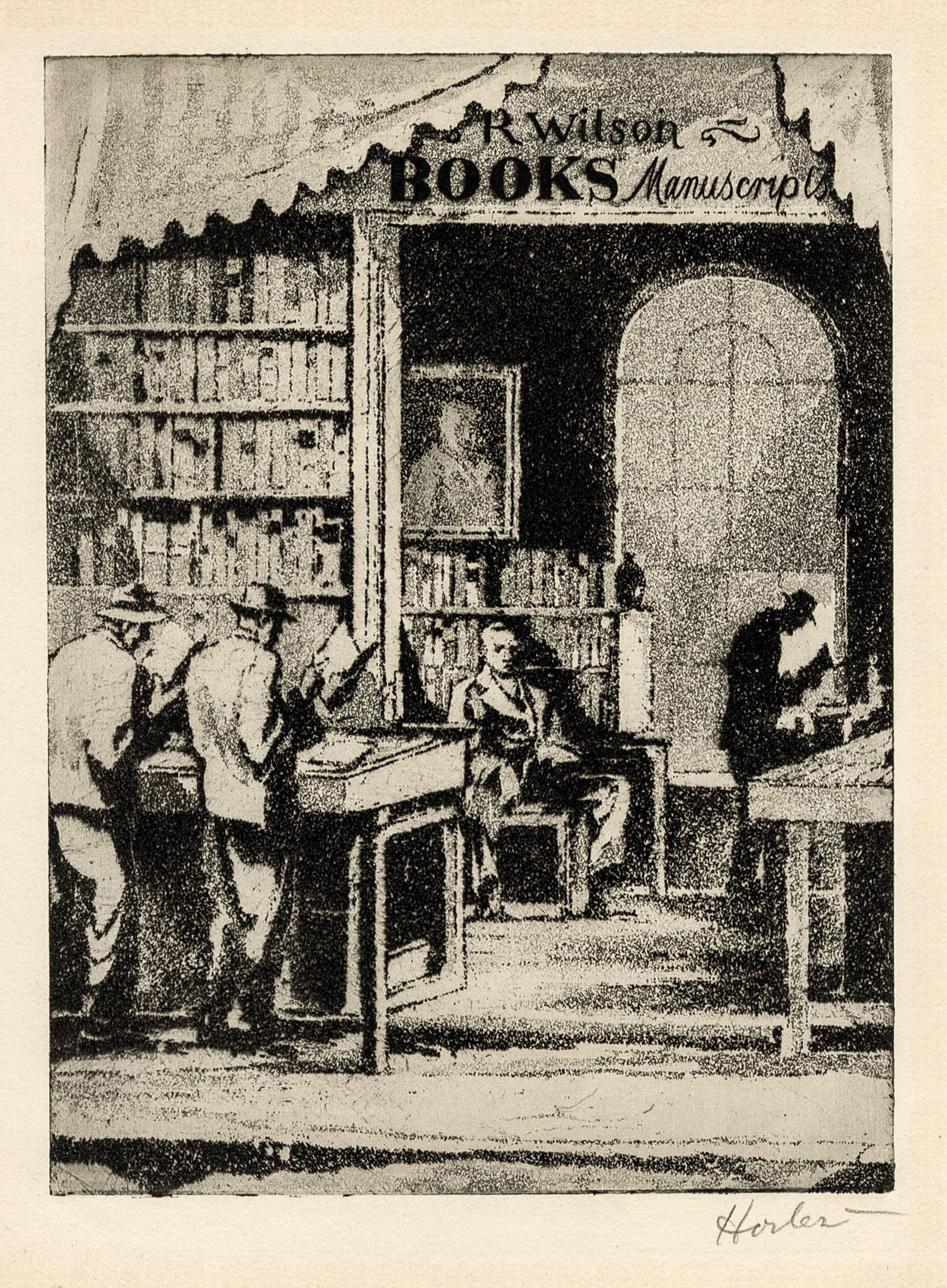 Earl HORTER: "The Bookshop".: Earl HORTER (American, 1881-1940): "The Bookshop". Aquatint on wove paper, 1932. Published by "The Colophon". Signed in pencil. Plate size: 7 3/4 x 5 3/4 inches. We add, by the same: "On 11th Street 