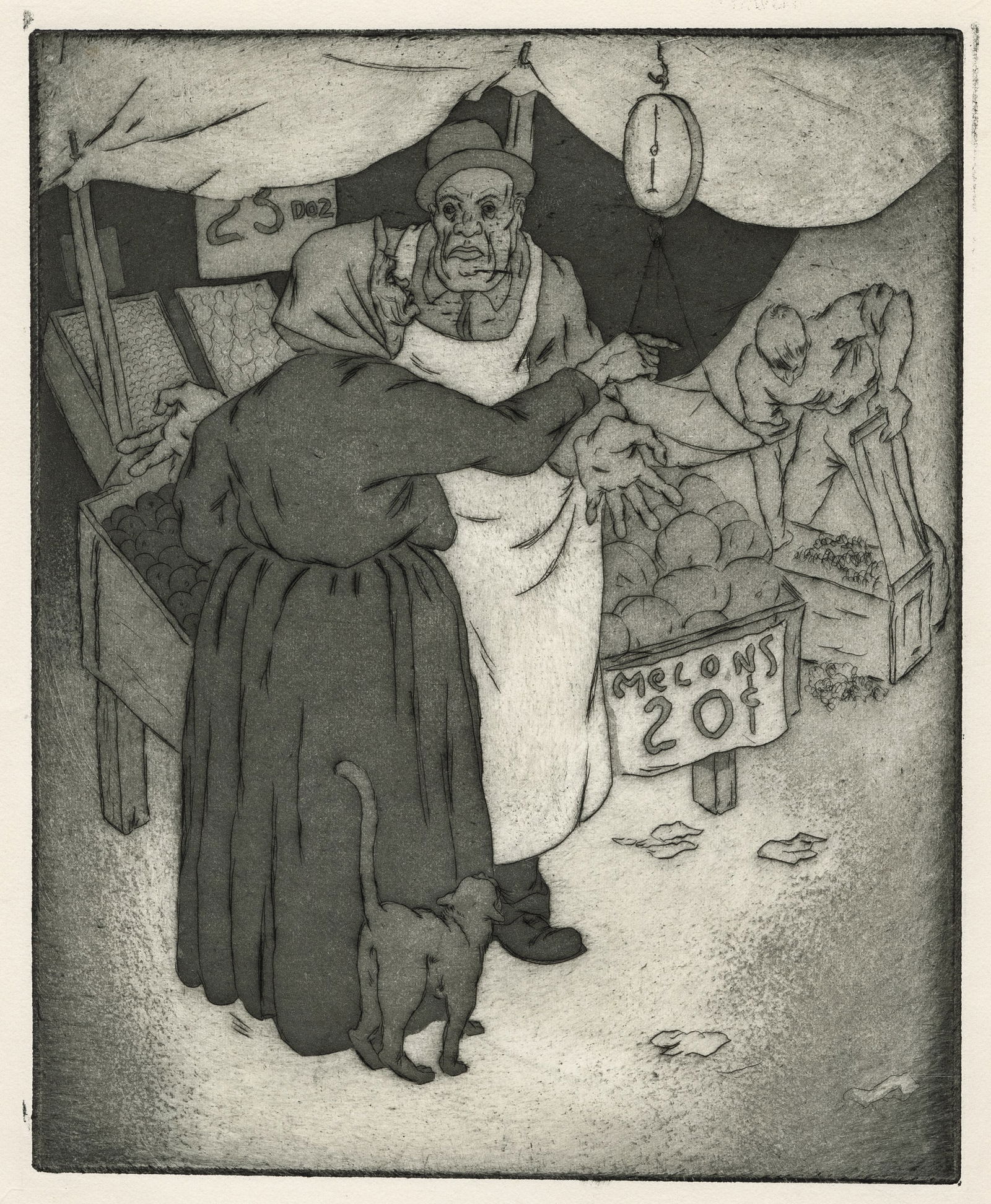 William Leroy FLINT: "Market".: William Leroy FLINT (American, 1909-1991): "Market". Aquatint and etching on wove paper, circa 1936-37. From a small edition, printed under the auspices of "The Federal Art Project" (a.k.a. The Works