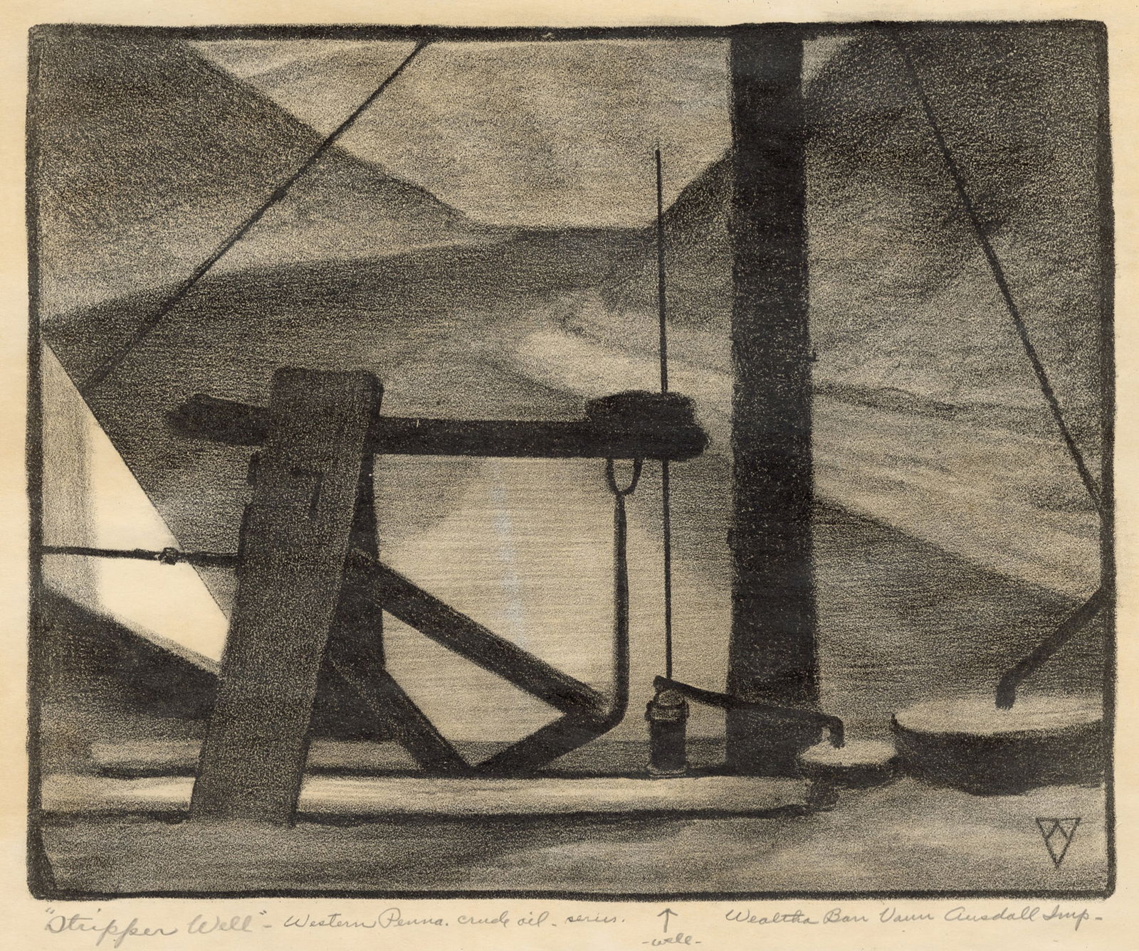 Wealtha BARR van AUSDALL: "Stripper Well -...": Wealtha BARR van AUSDALL (American, 1900-1969): "Stripper Well - Western Penna. Crude oil series". Lithograph on wove paper. Signed, titled, and annotated in pencil. Image size: 10 x 12 3/8 inches.