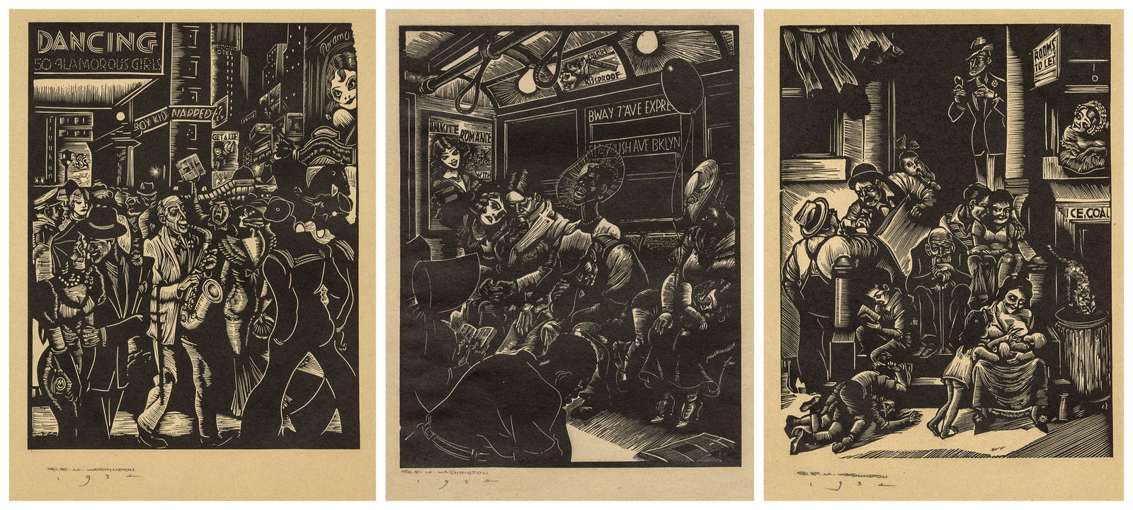 Earl Marshawn WASHINGTON: "Untitled (Dancing -...": Earl Marshawn WASHINGTON (American, b. 1962): "Untitled (Dancing - NYC Street Scene)". Wood engraving on cream wove paper. Pencil signed and pre-dated 1934 (actual date circa 1990). Image size: 8 1/4