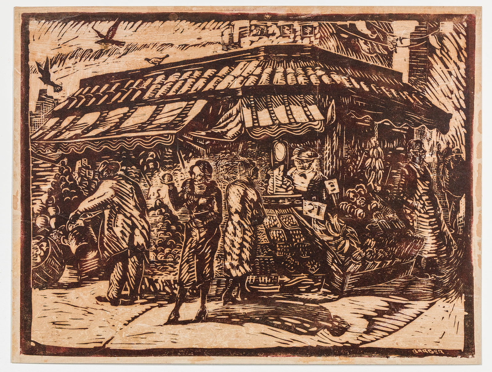 BARBER: "Untitled (Corner Produce Shop)".: BARBER (American, 20th century): "Untitled (Corner Produce Shop)". Woodcut printed in brown ink on fibrous Japan paper, mounted on board. Signed in the image, lower right. Image size: 15 x 19 7/8 inch