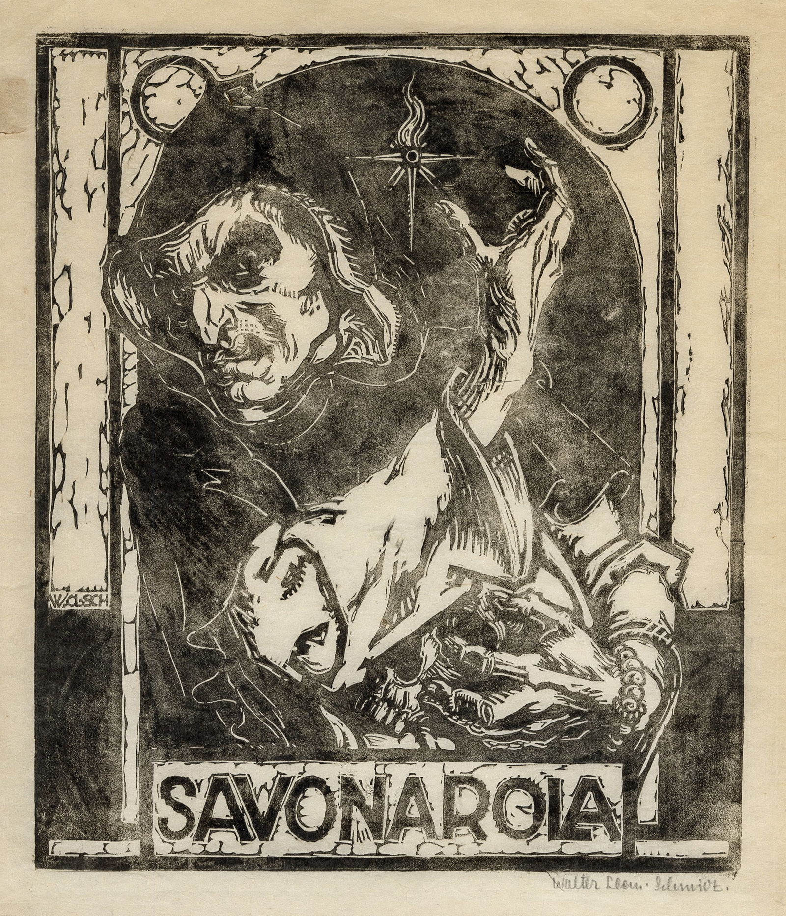 Walter Clemens SCHMIDT: "Savornarola".: Walter Clemens SCHMIDT (German, 1890-1979): "Savonarola". Woodcut on thin tan laid Japan paper. Signed in pencil. Image size: 11 1/2 x 9 3/4 inches. We add: GERMAN SCHOOL, early 20th century: