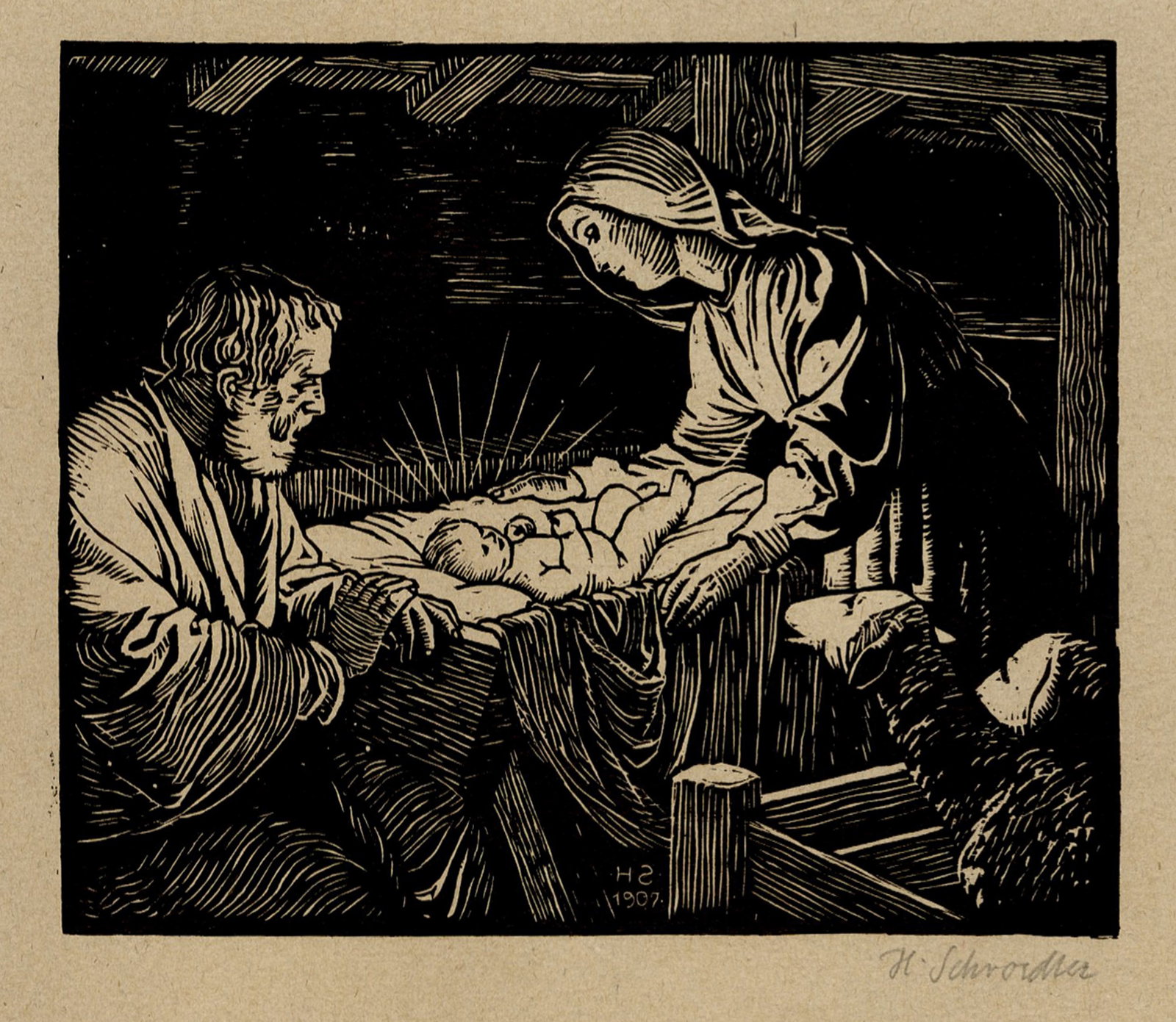 Hans SCHROEDTER: "Geburt Christi".: Hans SCHROEDTER (German, 1872-1957): "Geburt Christi (Birth of Christ)". Woodcut on laid paper with deckled edges and German watermark. Initialed and dated in the block. Signed in pencil at the lower