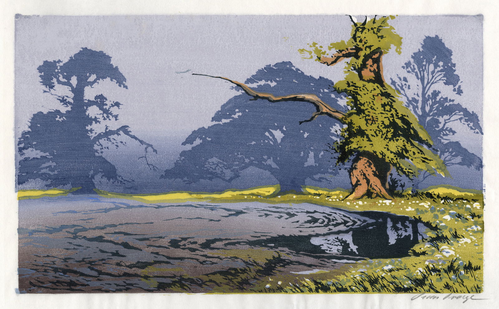 Oscar DREGE: "Old Oaks by a Pond".: Oscar DROEGE (German, 1898-1983): "Old Oaks by a Pond". Color woodcut on wove Japan paper. Signed in pencil. Image size: 9 1/8 x 15 3/8 inches.